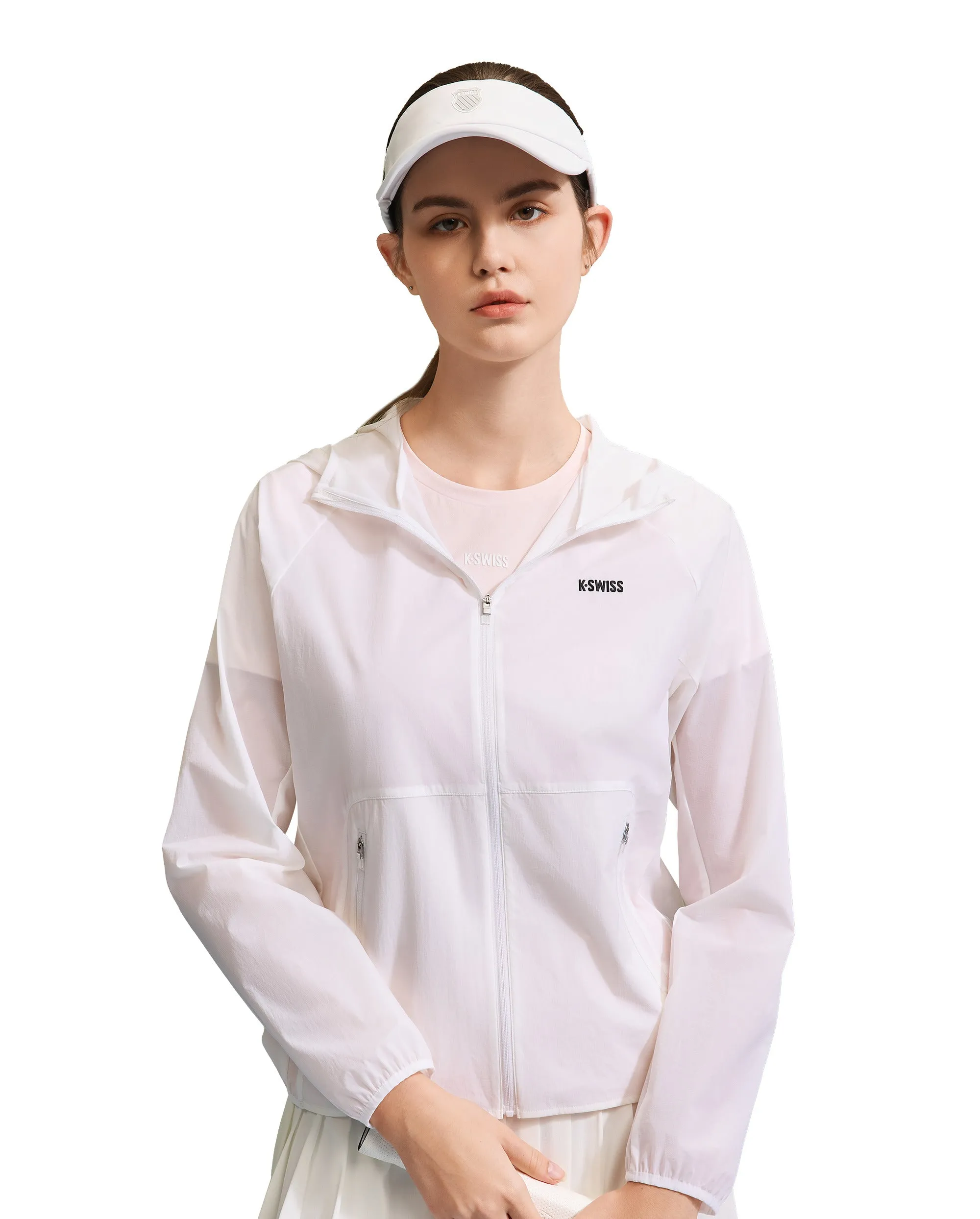 1910052-101 | WOMEN'S K-SWISS LOGO STAND COLLAR HOODED JACKET | WHITE/WHITE