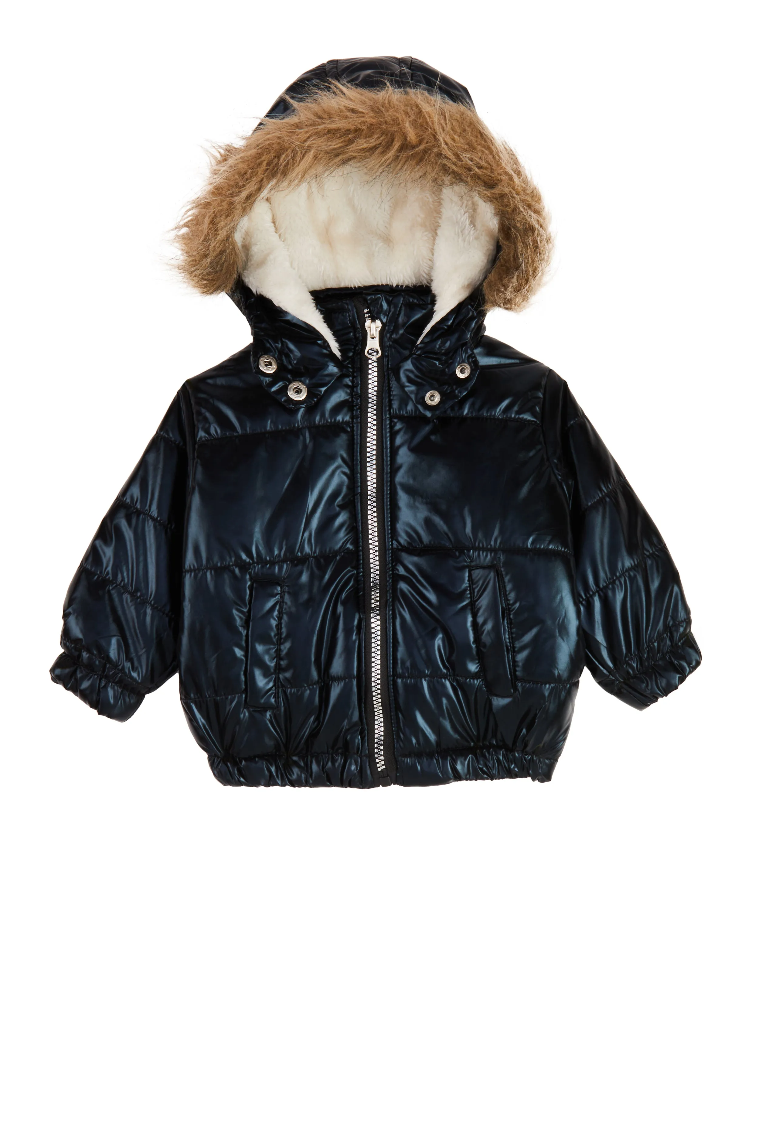 Baby Girls 12-24M Faux Fur Hooded Metallic Puffer Jacket
