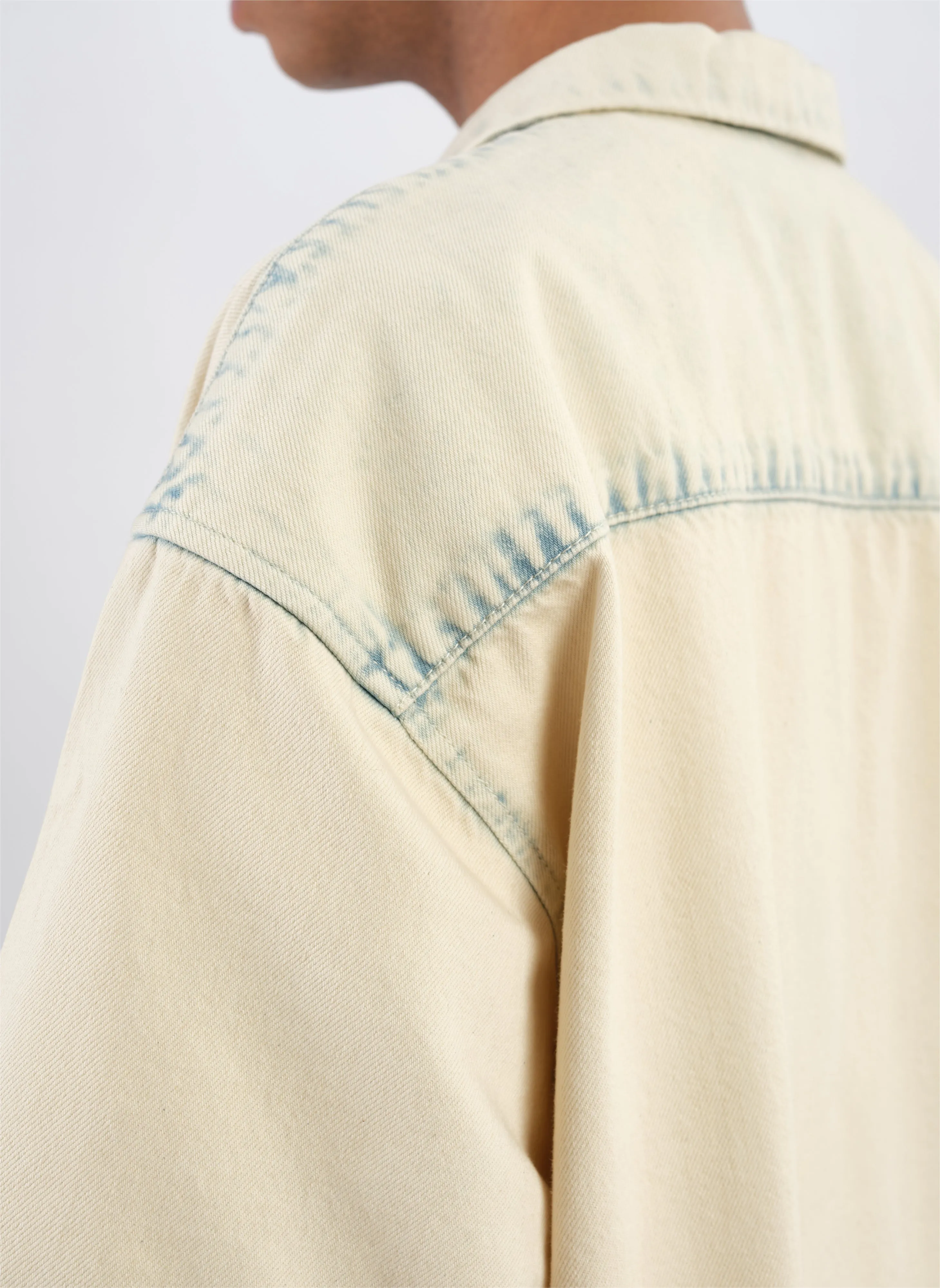 Bleached Wash Cotton Denim Open Collar Shirt Jacket