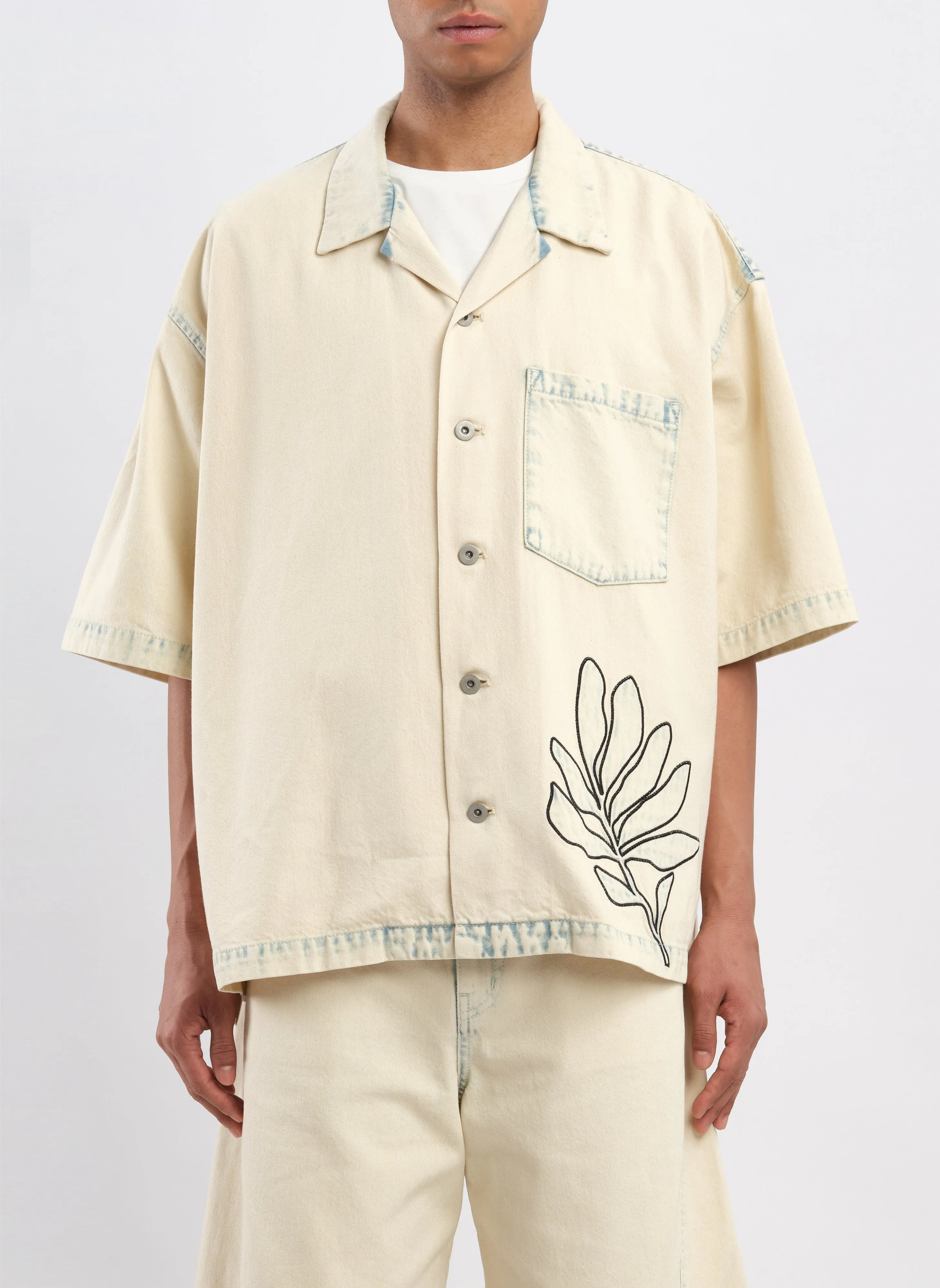 Bleached Wash Cotton Denim Open Collar Shirt Jacket