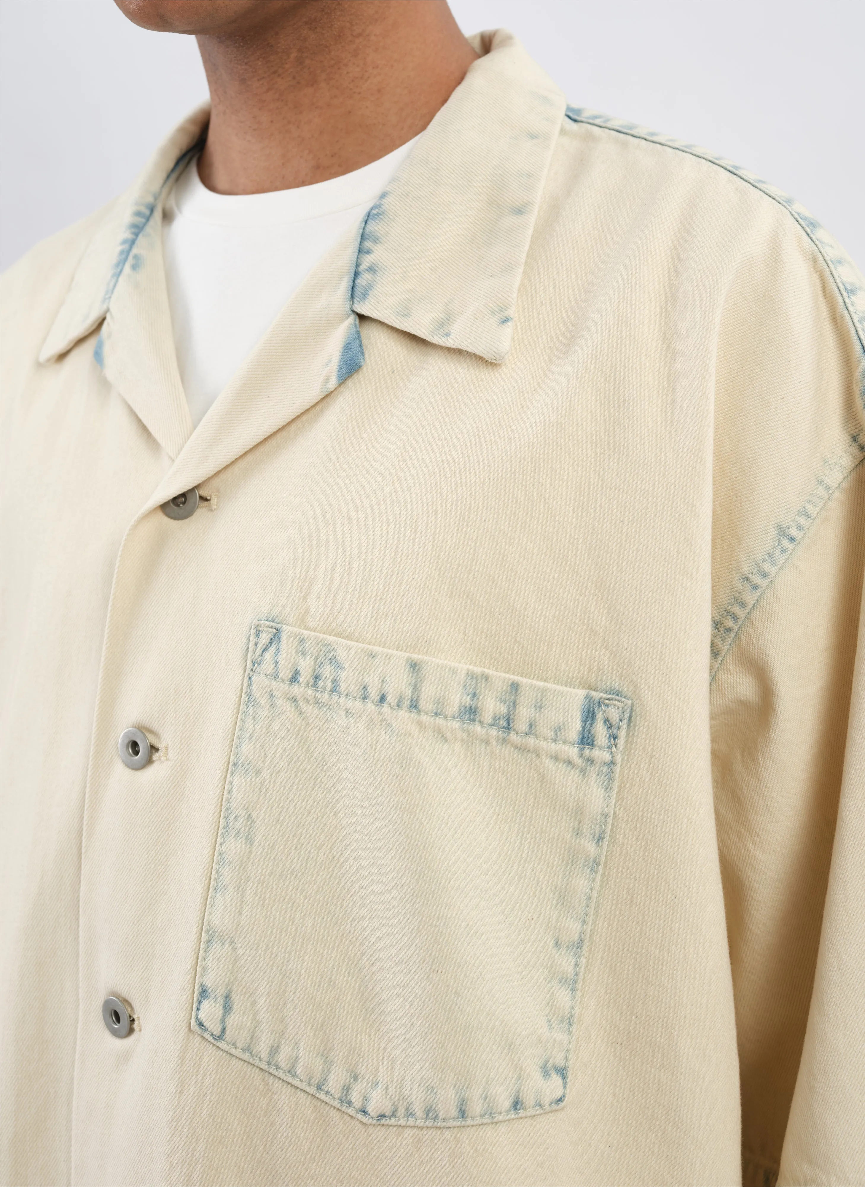 Bleached Wash Cotton Denim Open Collar Shirt Jacket