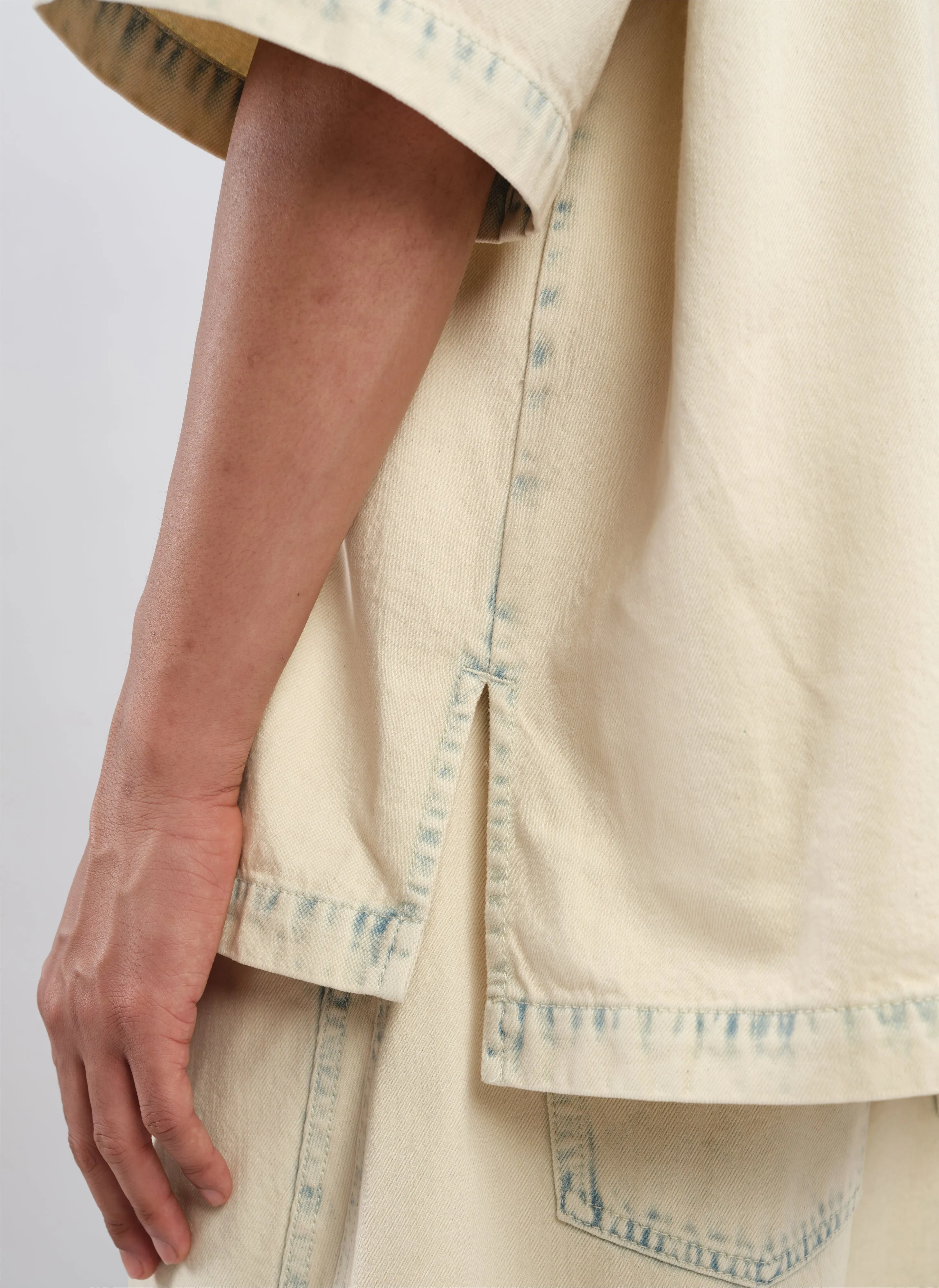 Bleached Wash Cotton Denim Open Collar Shirt Jacket