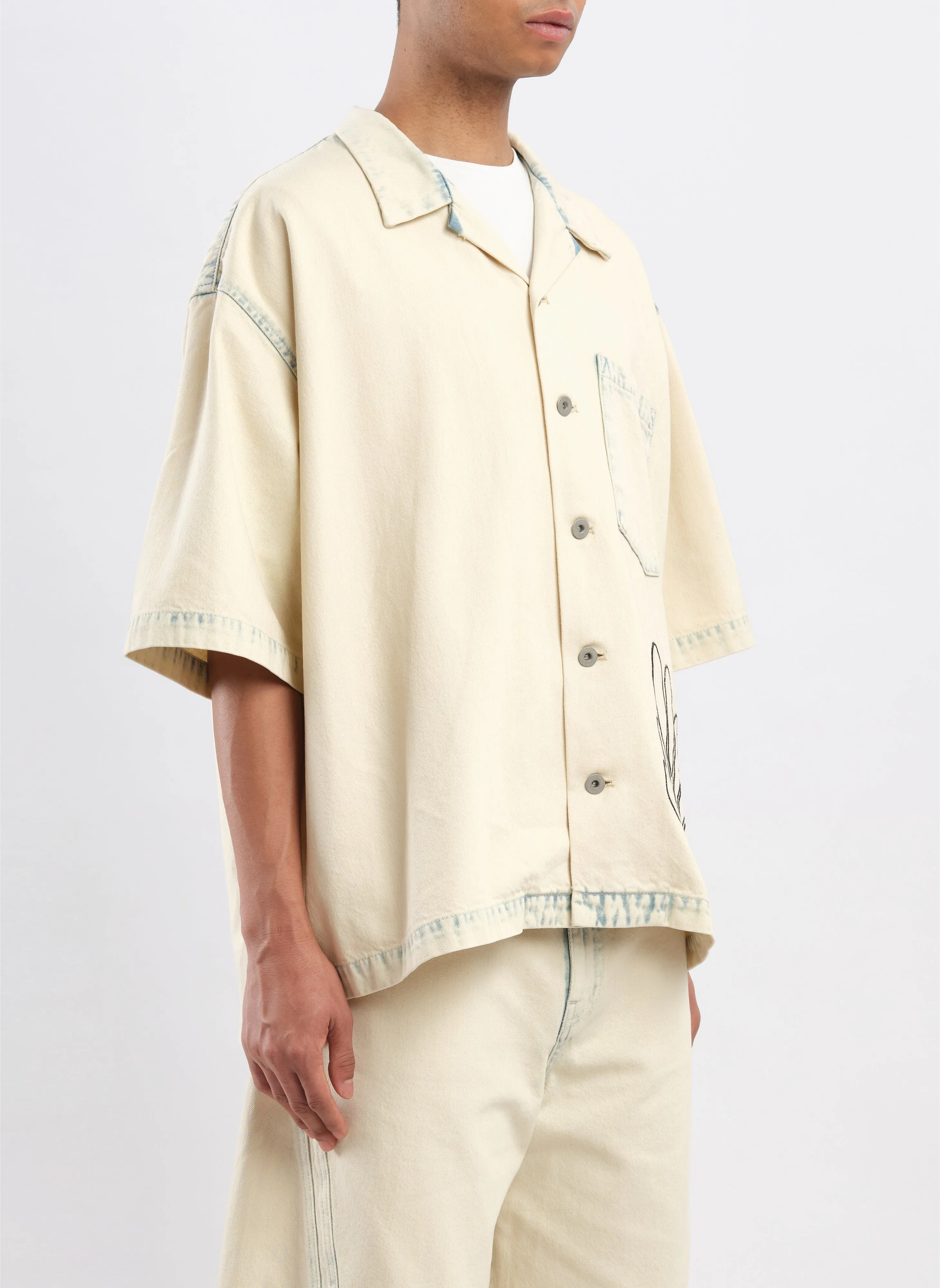 Bleached Wash Cotton Denim Open Collar Shirt Jacket