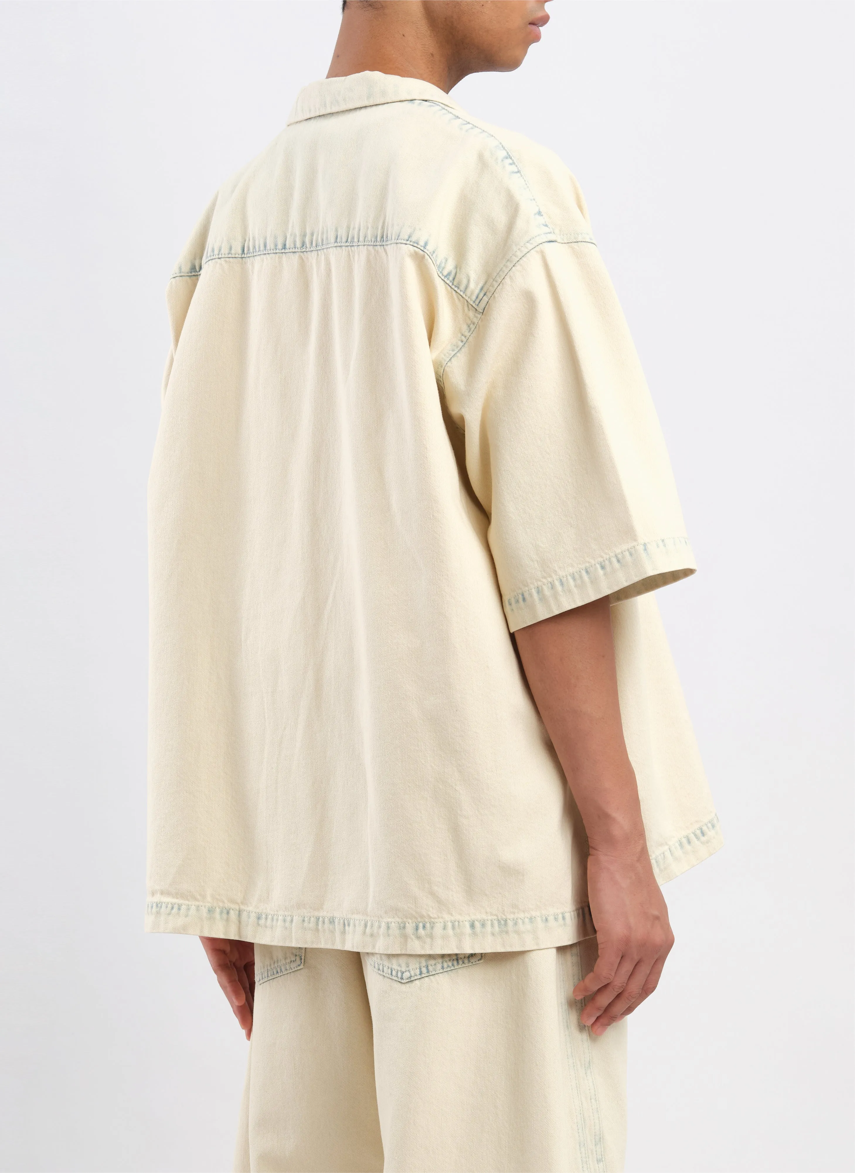 Bleached Wash Cotton Denim Open Collar Shirt Jacket