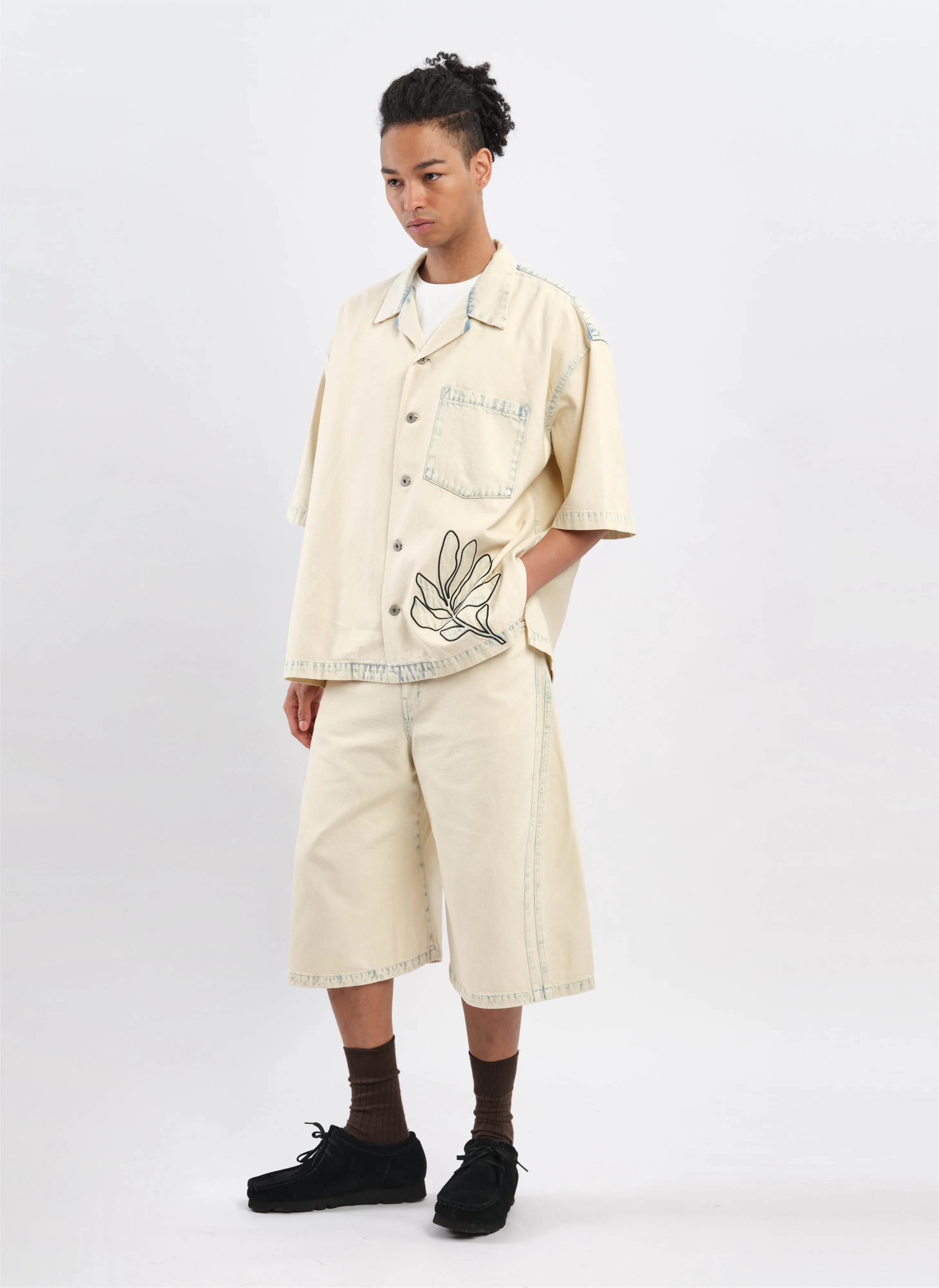 Bleached Wash Cotton Denim Open Collar Shirt Jacket