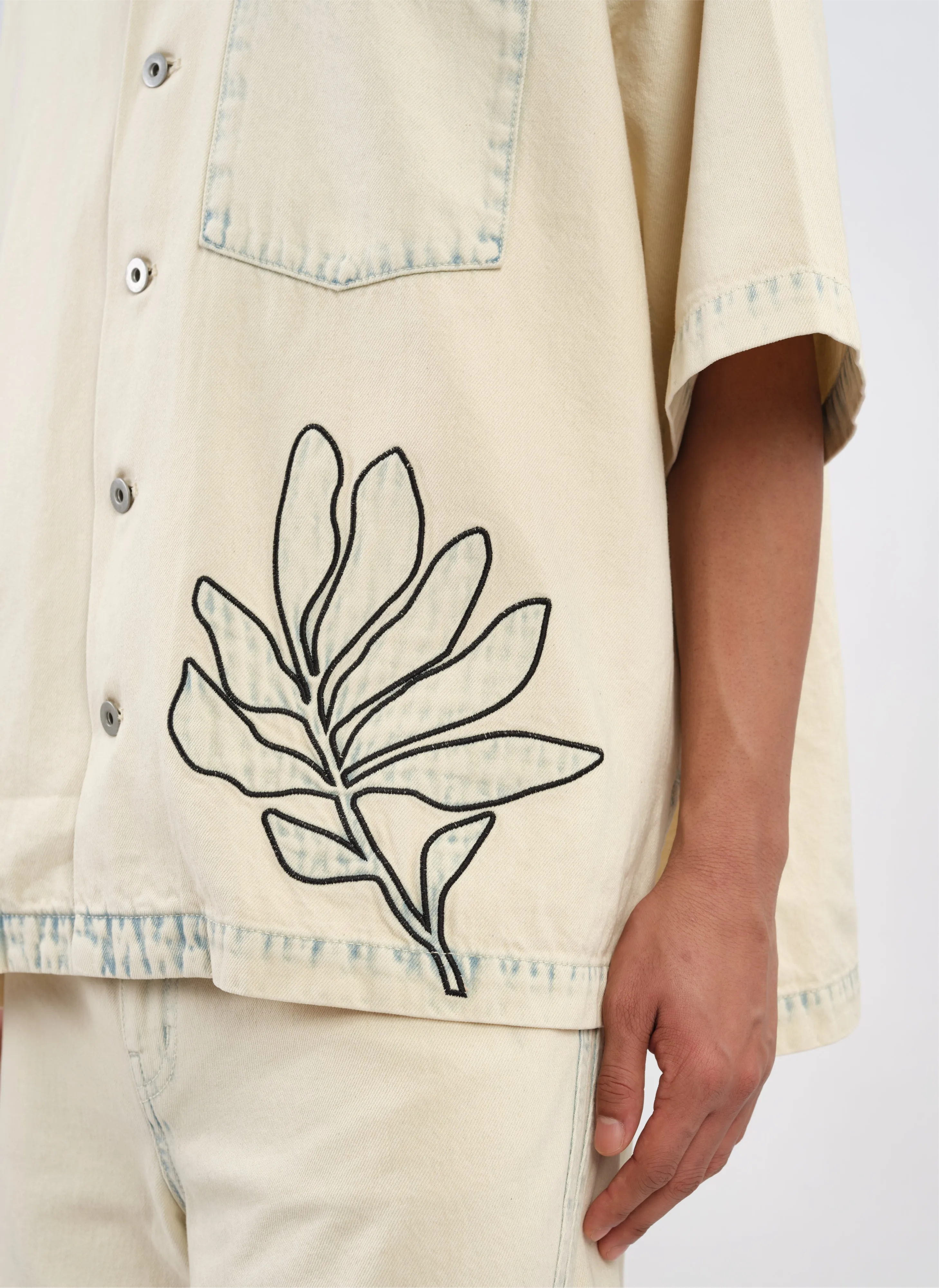Bleached Wash Cotton Denim Open Collar Shirt Jacket
