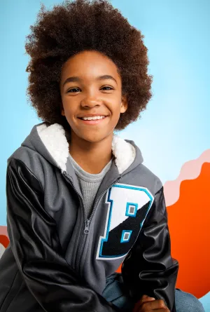 Boys B Initial Faux Leather Sleeve Hooded Jacket
