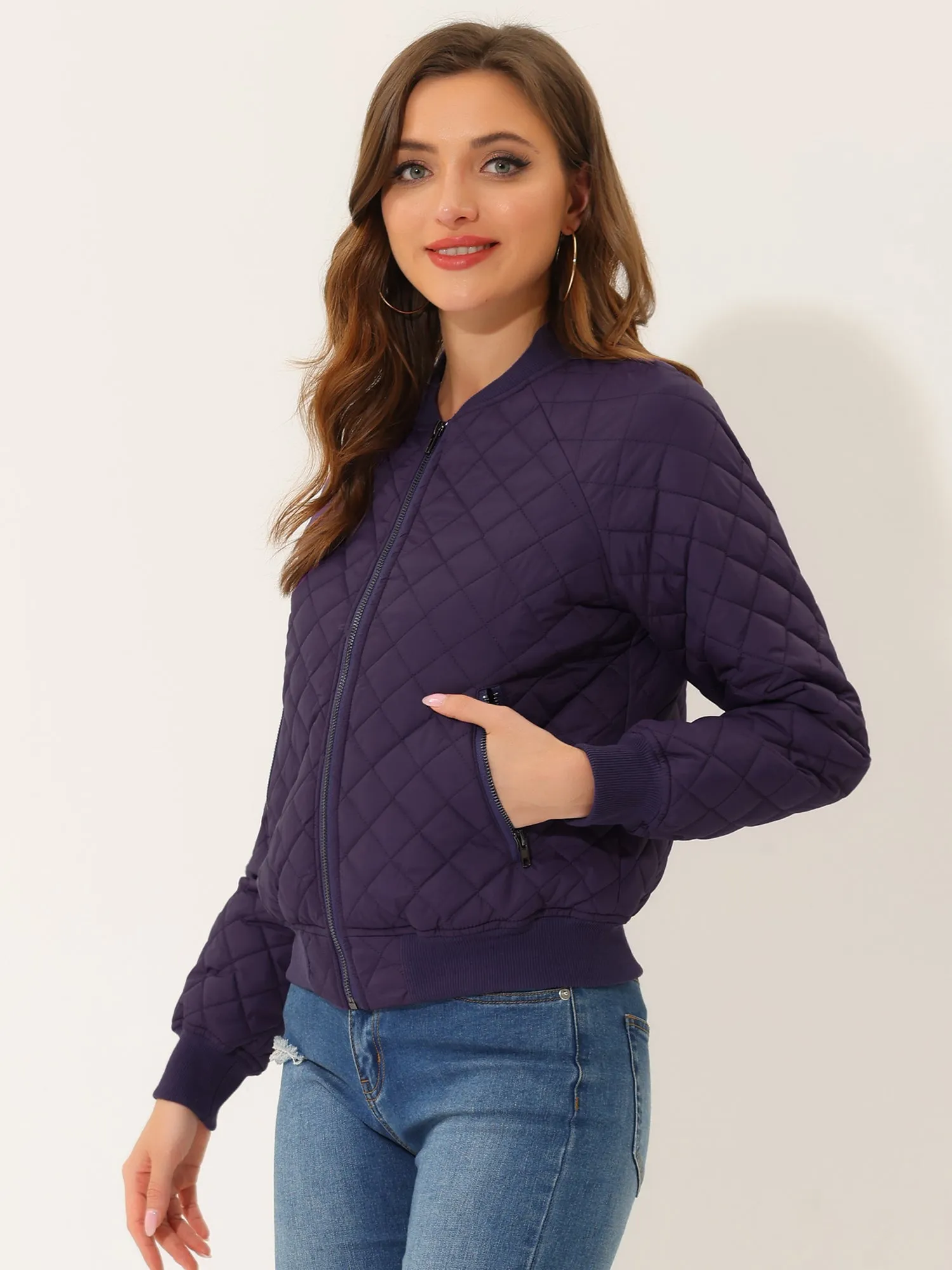 Casual Zip Up Raglan Long Sleeve Quilted Bomber Jacket