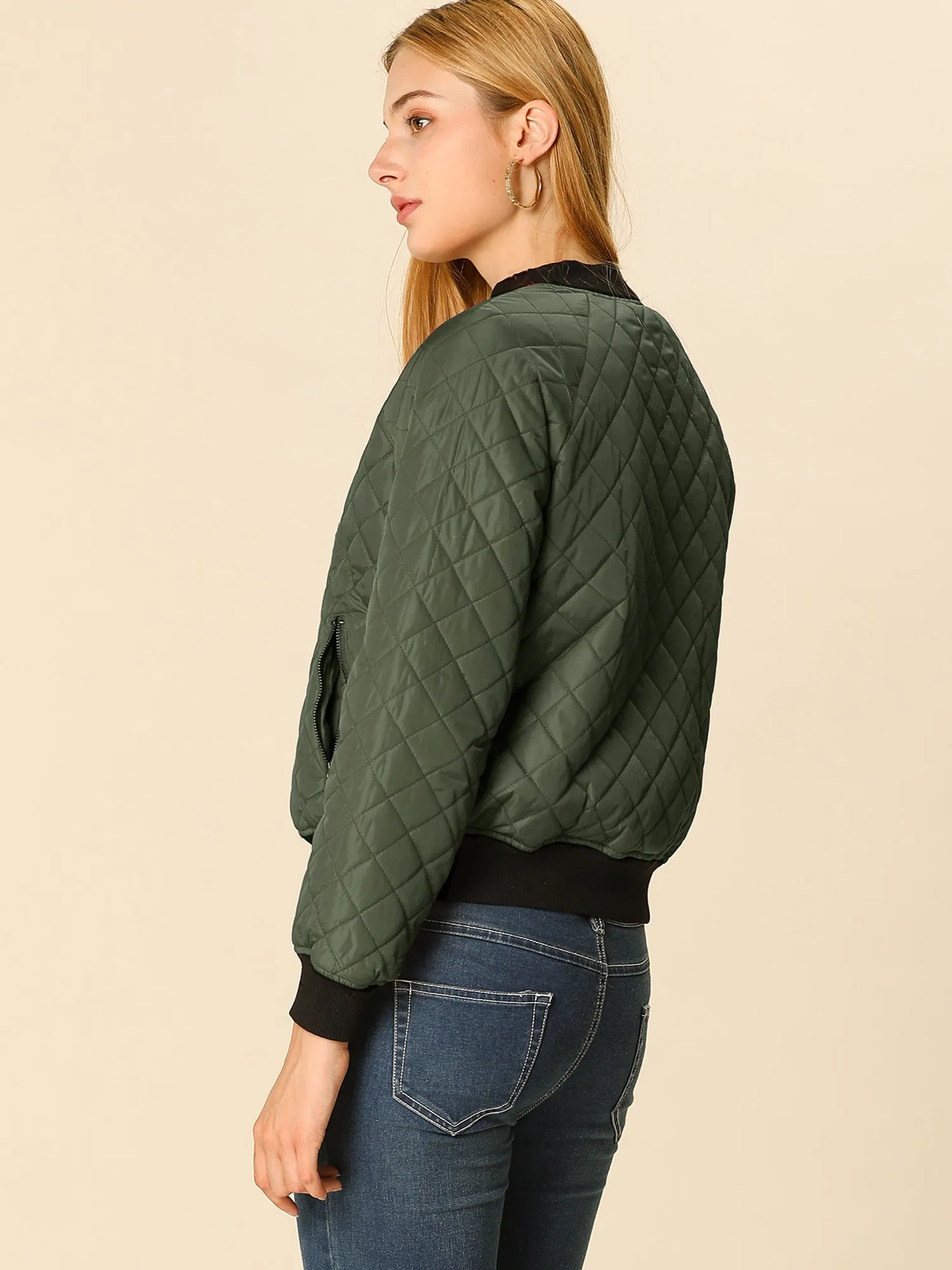 Casual Zip Up Raglan Long Sleeve Quilted Bomber Jacket