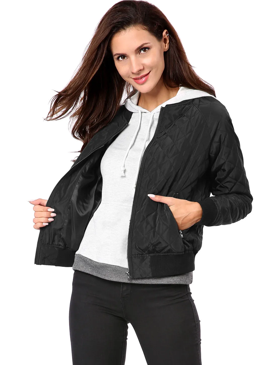 Casual Zip Up Raglan Long Sleeve Quilted Bomber Jacket