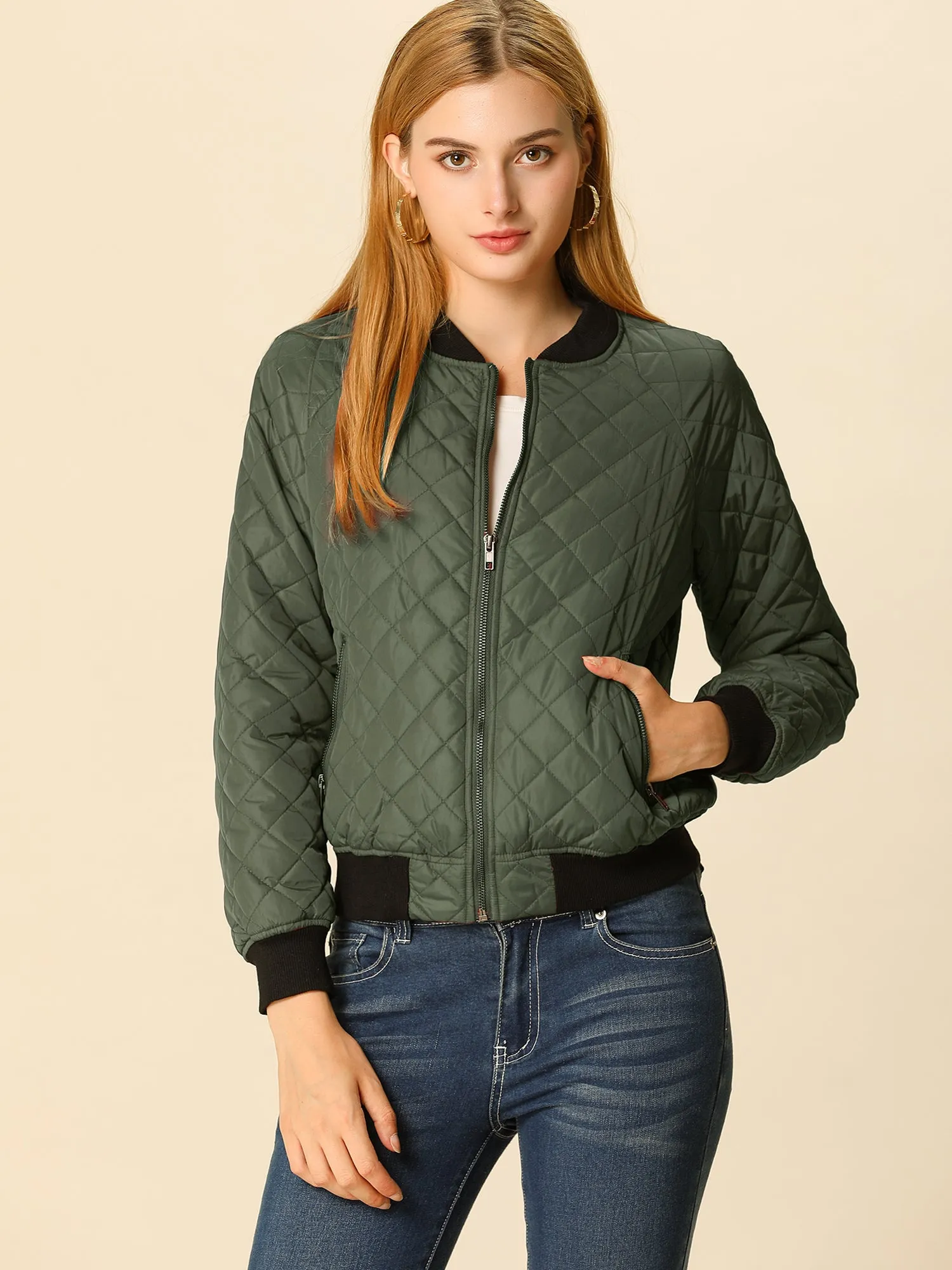 Casual Zip Up Raglan Long Sleeve Quilted Bomber Jacket