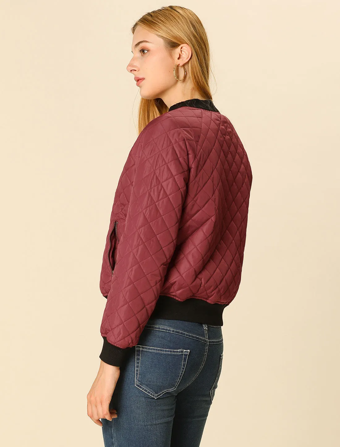 Casual Zip Up Raglan Long Sleeve Quilted Bomber Jacket