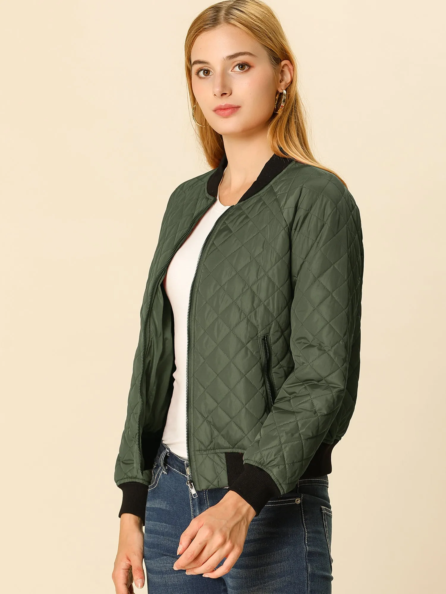 Casual Zip Up Raglan Long Sleeve Quilted Bomber Jacket