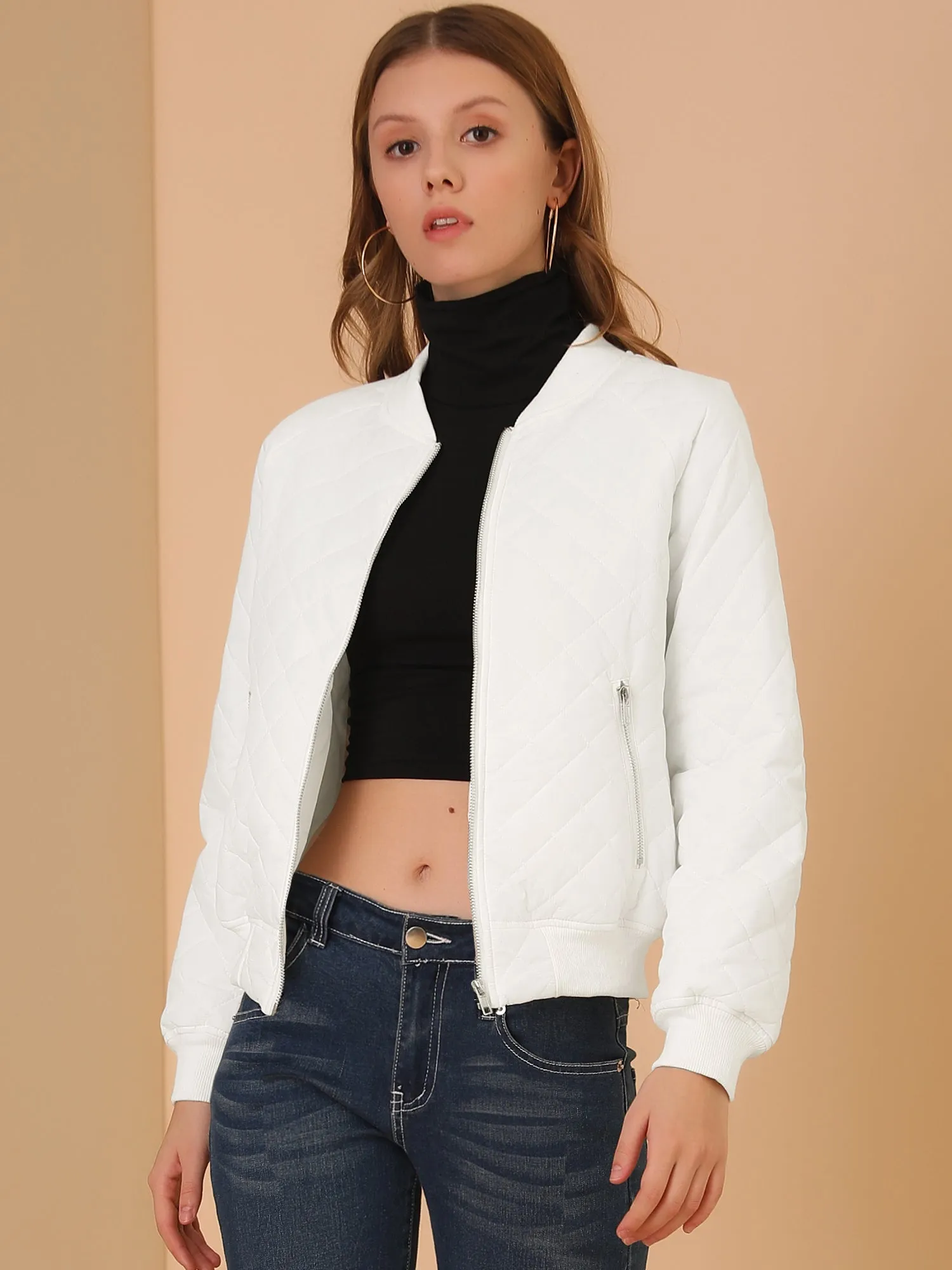 Casual Zip Up Raglan Long Sleeve Quilted Bomber Jacket