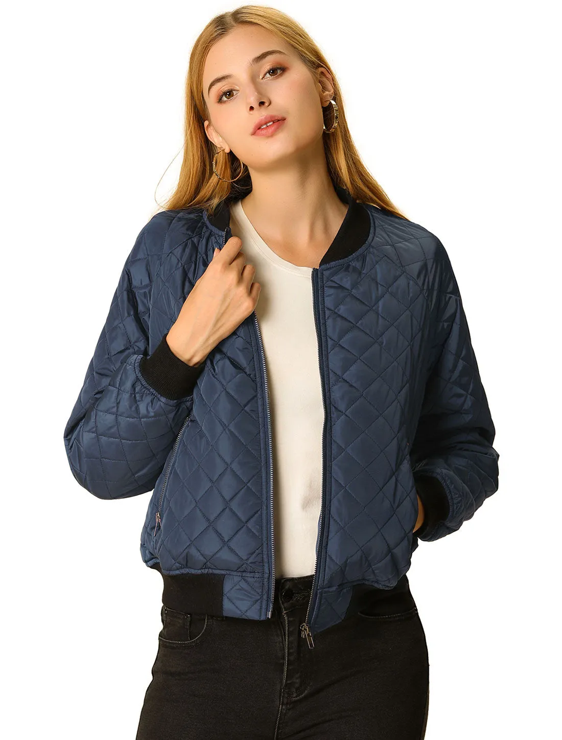 Casual Zip Up Raglan Long Sleeve Quilted Bomber Jacket