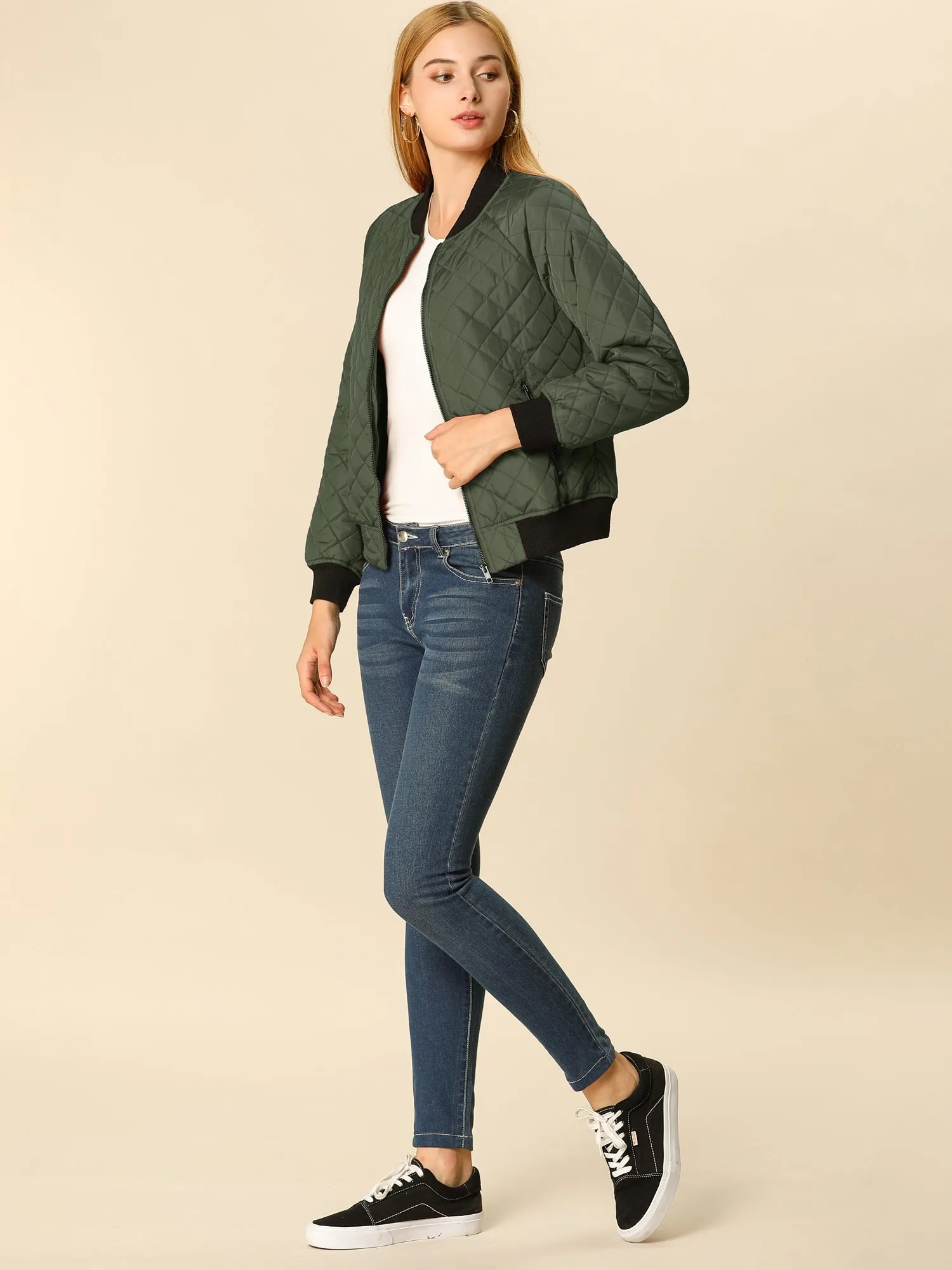 Casual Zip Up Raglan Long Sleeve Quilted Bomber Jacket
