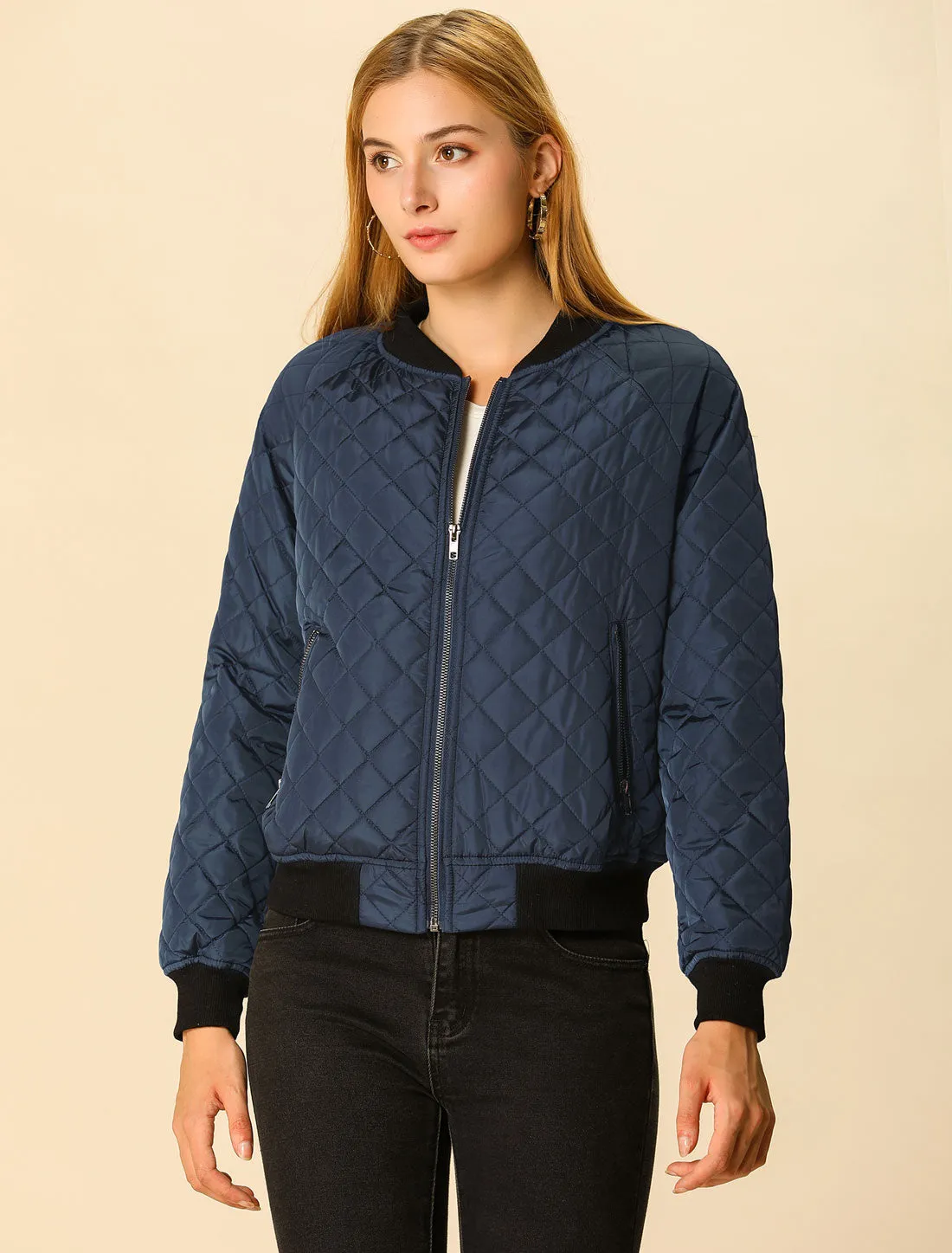 Casual Zip Up Raglan Long Sleeve Quilted Bomber Jacket