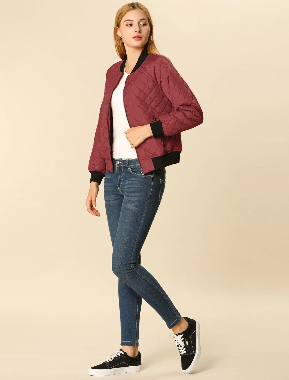 Casual Zip Up Raglan Long Sleeve Quilted Bomber Jacket