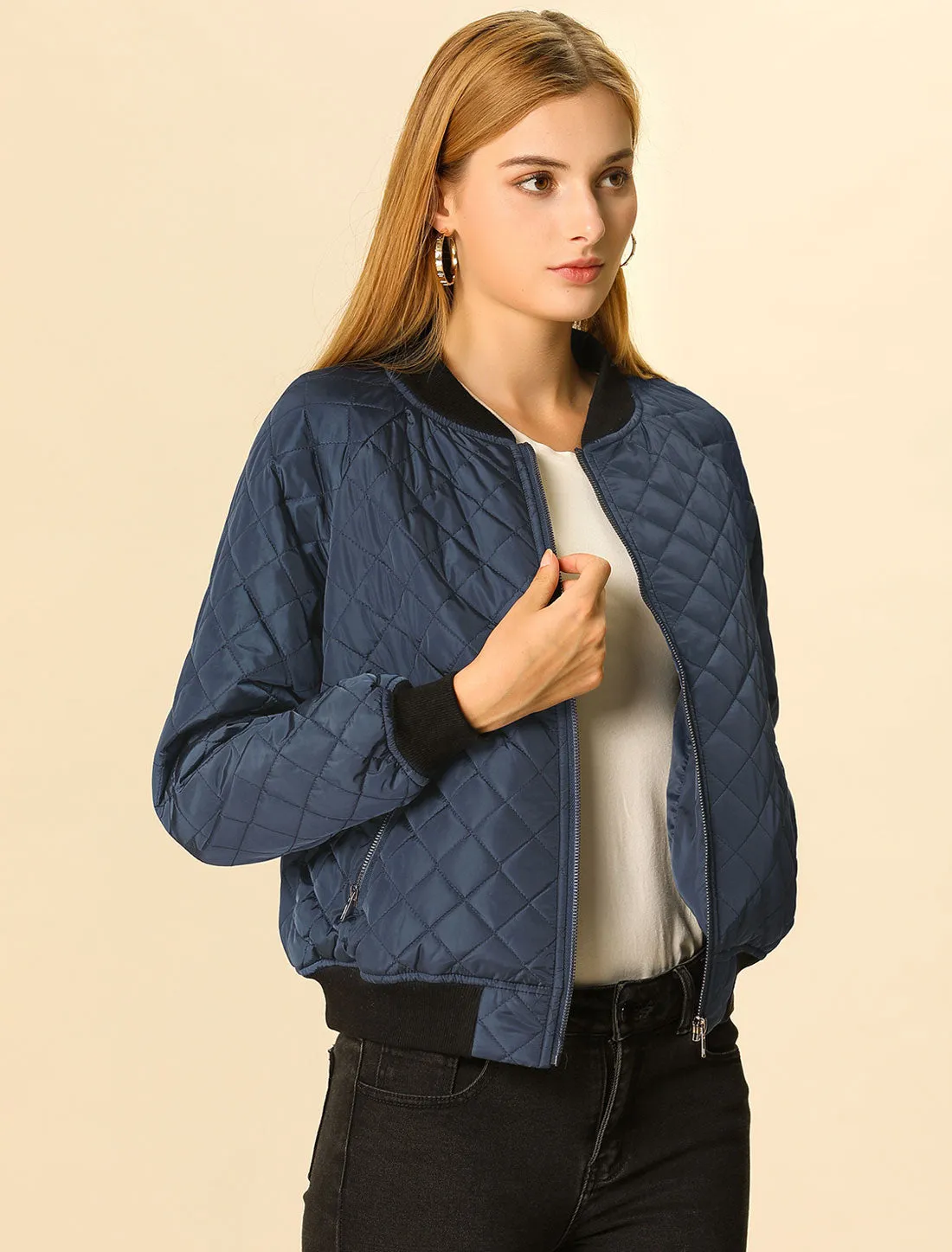 Casual Zip Up Raglan Long Sleeve Quilted Bomber Jacket