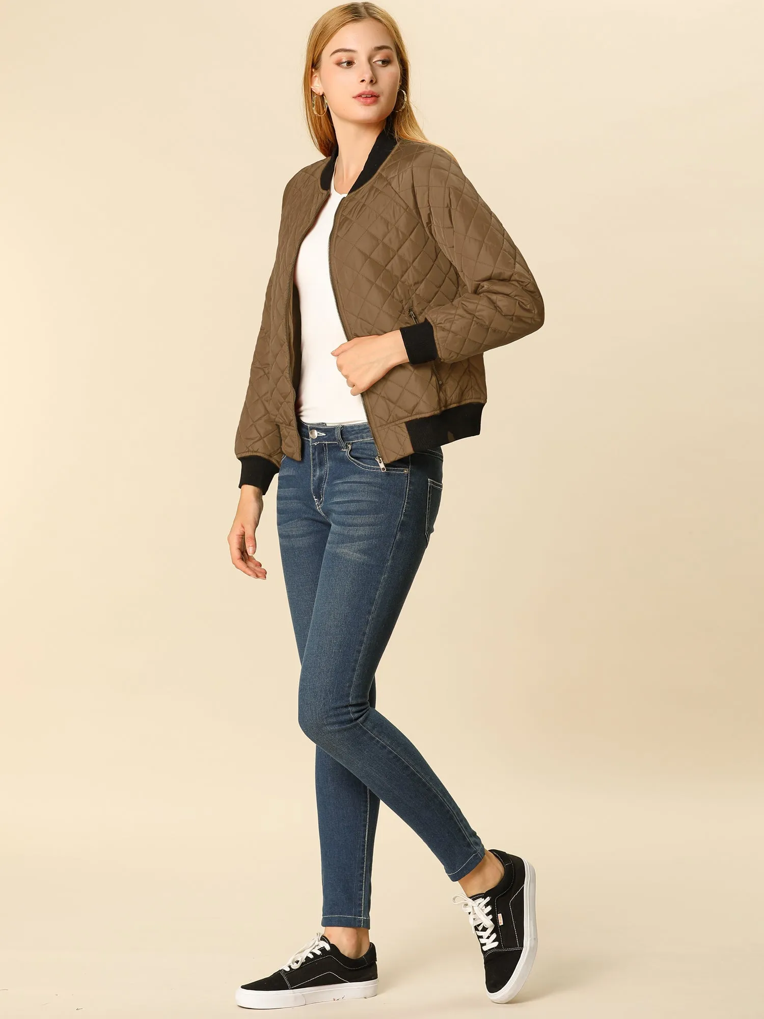 Casual Zip Up Raglan Long Sleeve Quilted Bomber Jacket