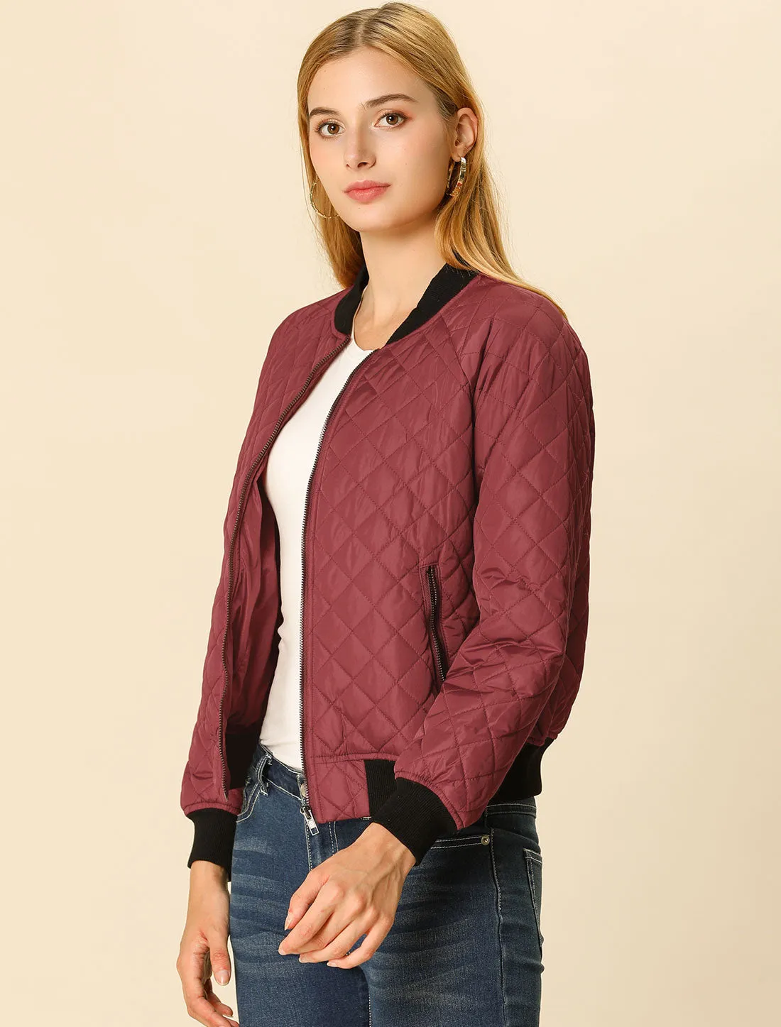 Casual Zip Up Raglan Long Sleeve Quilted Bomber Jacket