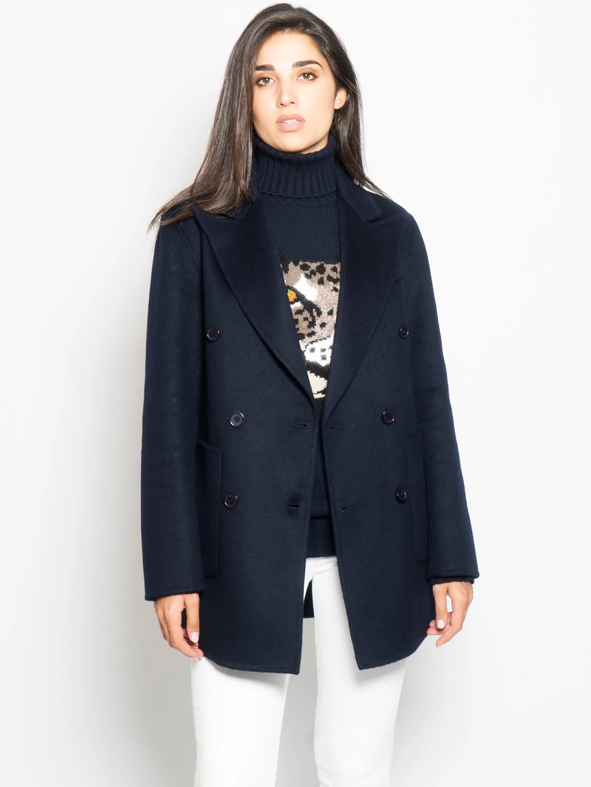 Double-breasted blue peacoat