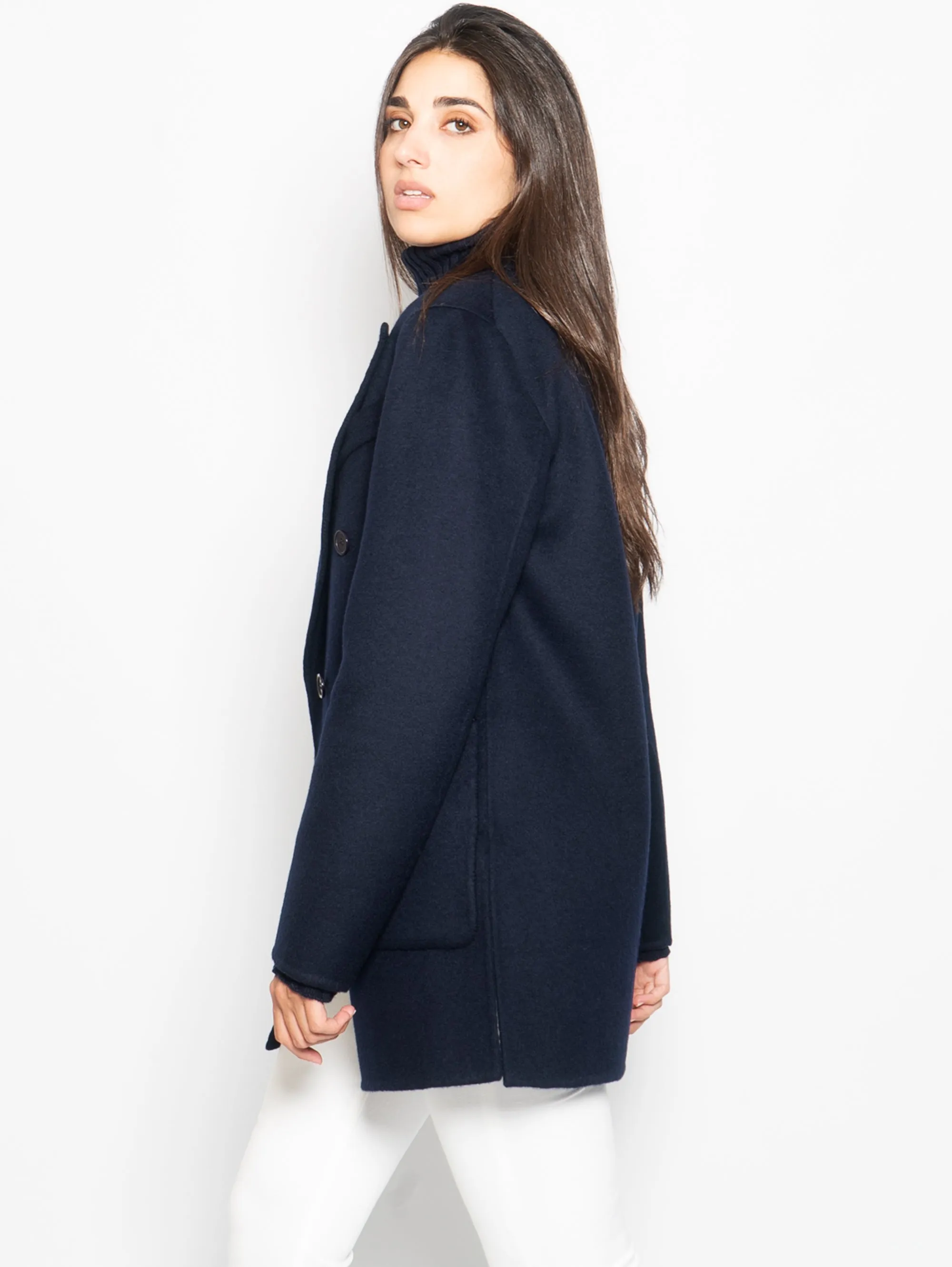 Double-breasted blue peacoat
