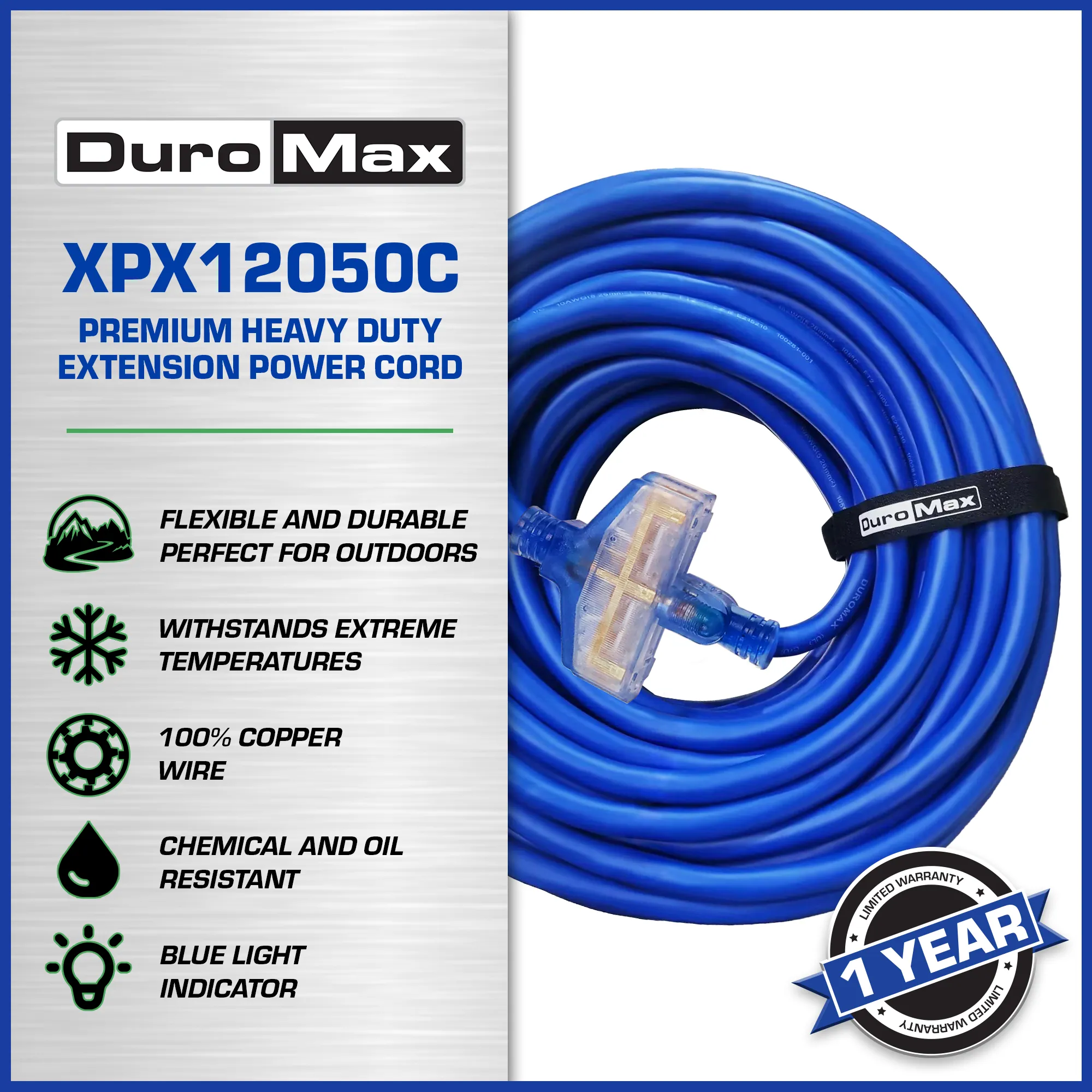 DuroMax XPX12050C Heavy Duty SJEOOW 50-Foot 12 Gauge Blue Triple Tap Extension Power Cord