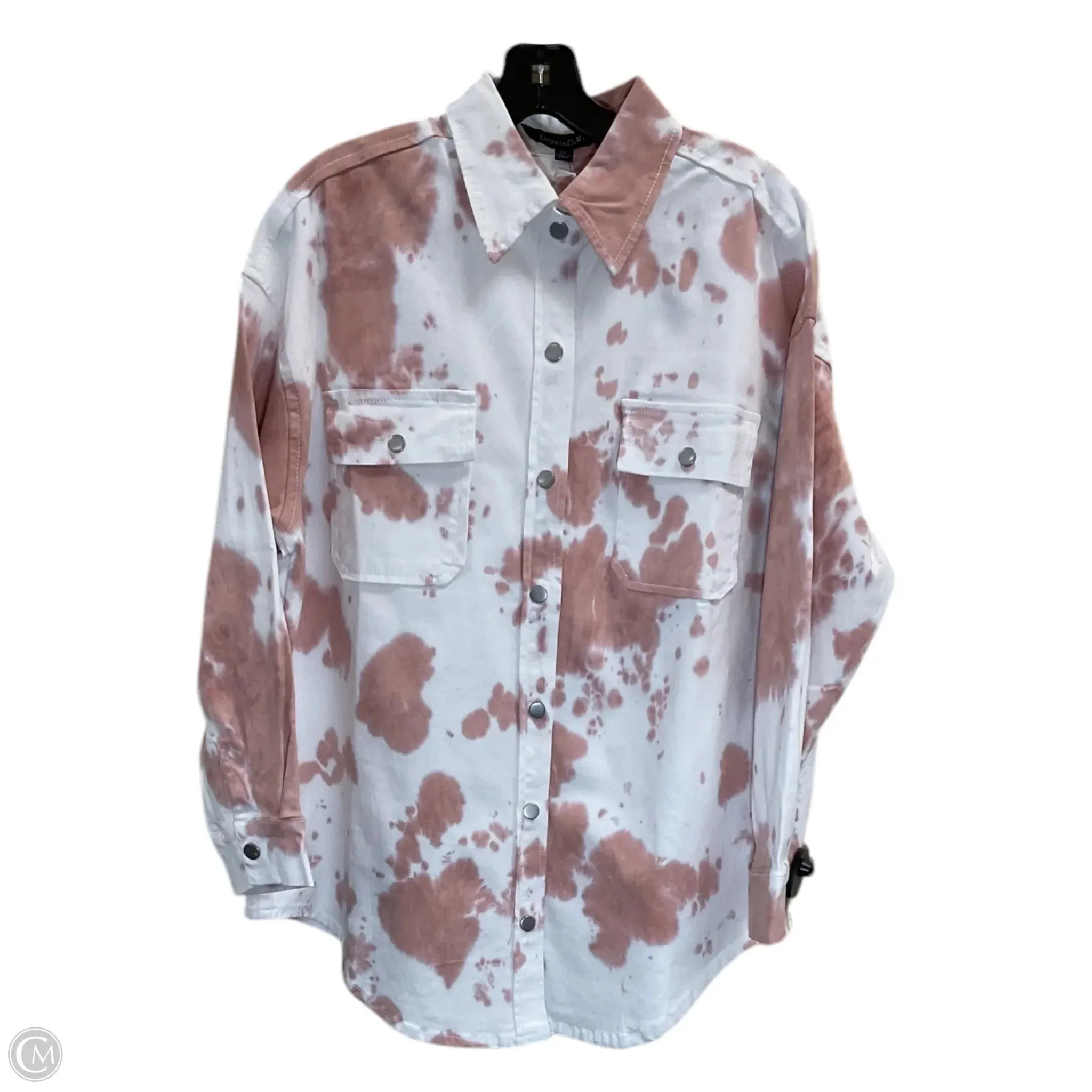 Jacket Shirt By Davi & Dani In Pink & White, Size: 1x