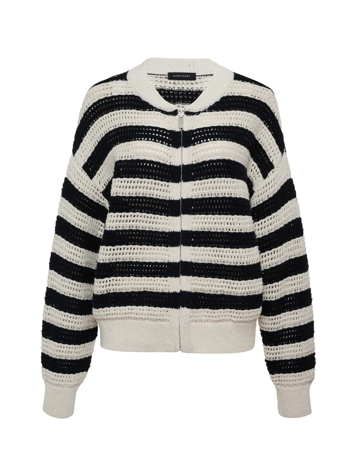 Open Knit Bomber Jacket Macrame Black Stripe