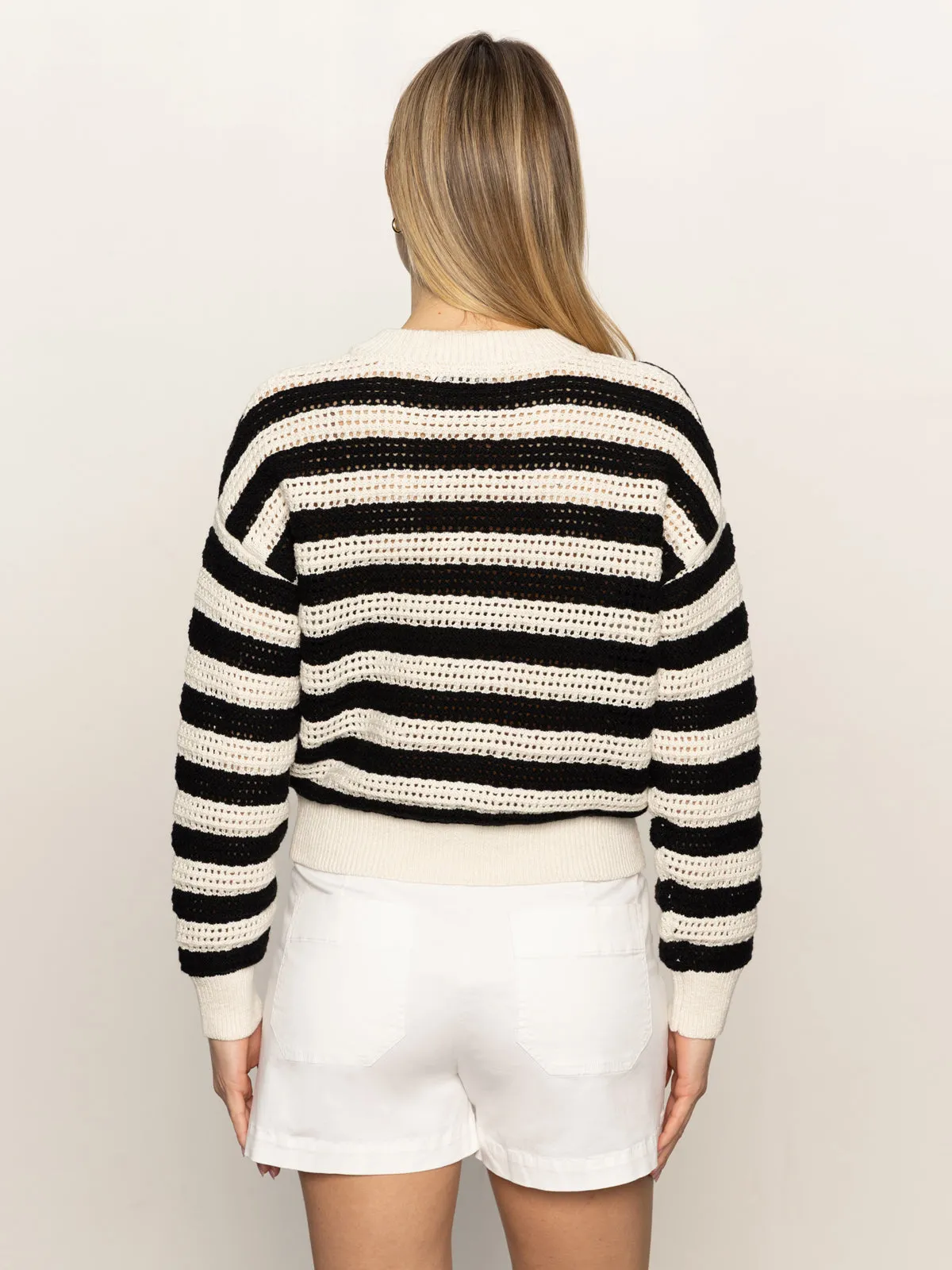 Open Knit Bomber Jacket Macrame Black Stripe