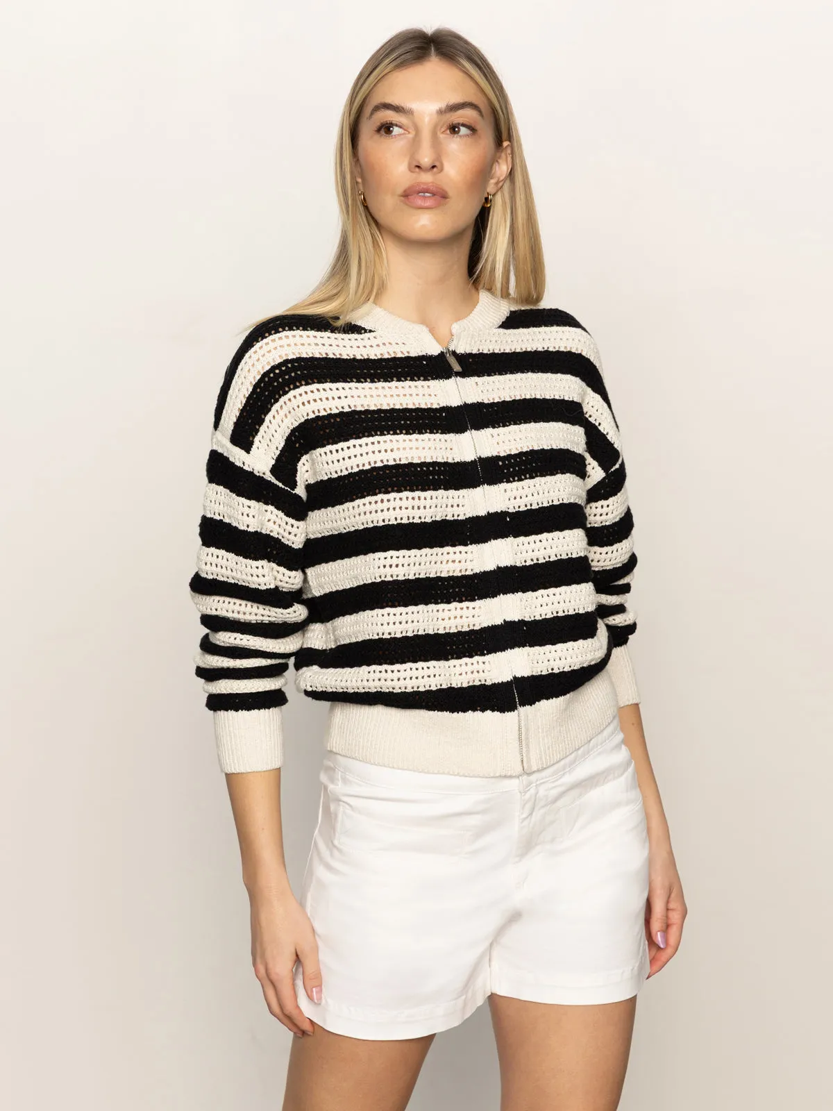 Open Knit Bomber Jacket Macrame Black Stripe