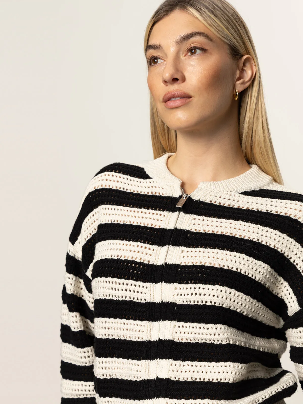 Open Knit Bomber Jacket Macrame Black Stripe