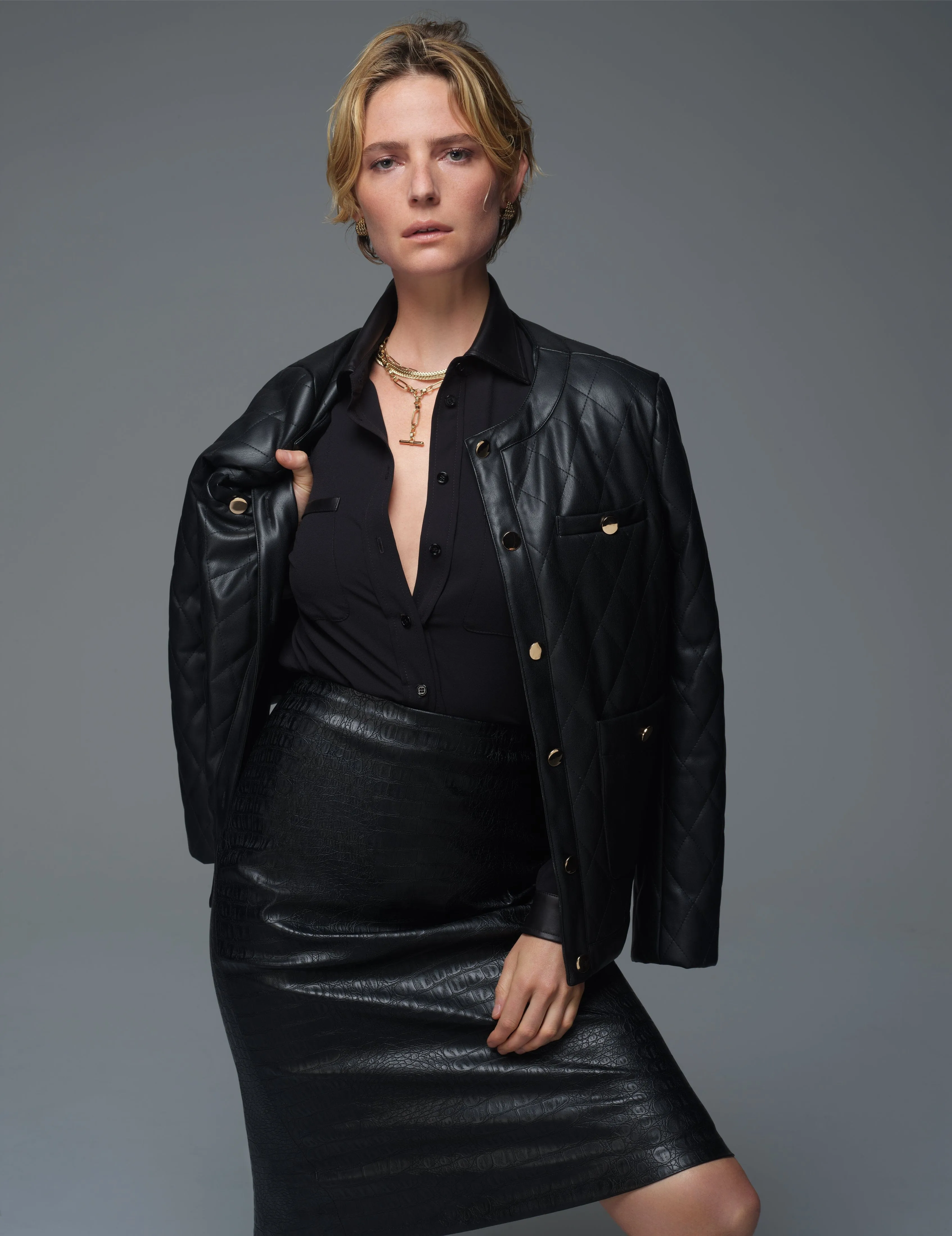 Petite Collarless Vegan Leather Quilted Jacket- Sale