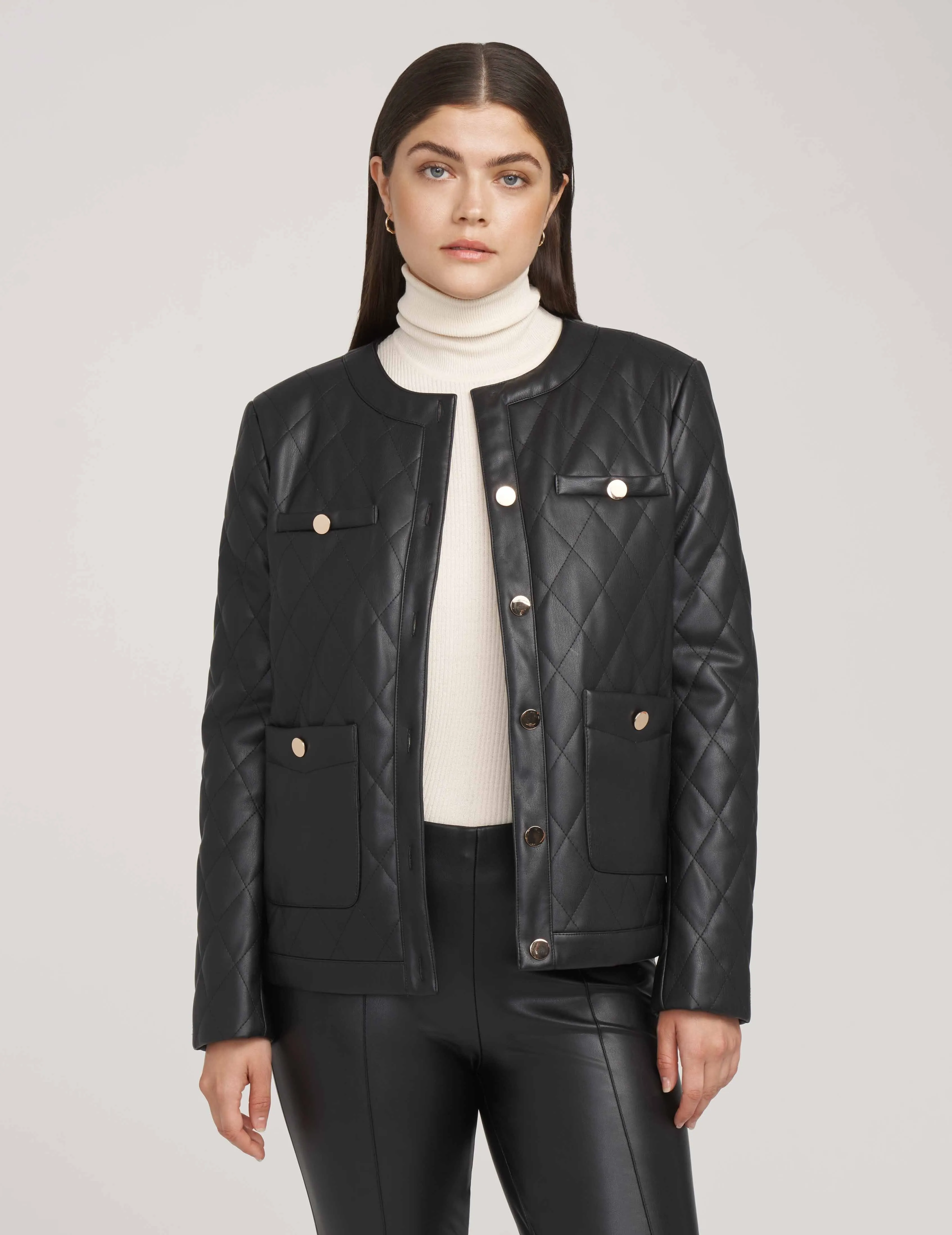 Petite Collarless Vegan Leather Quilted Jacket- Sale
