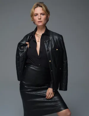 Petite Collarless Vegan Leather Quilted Jacket- Sale