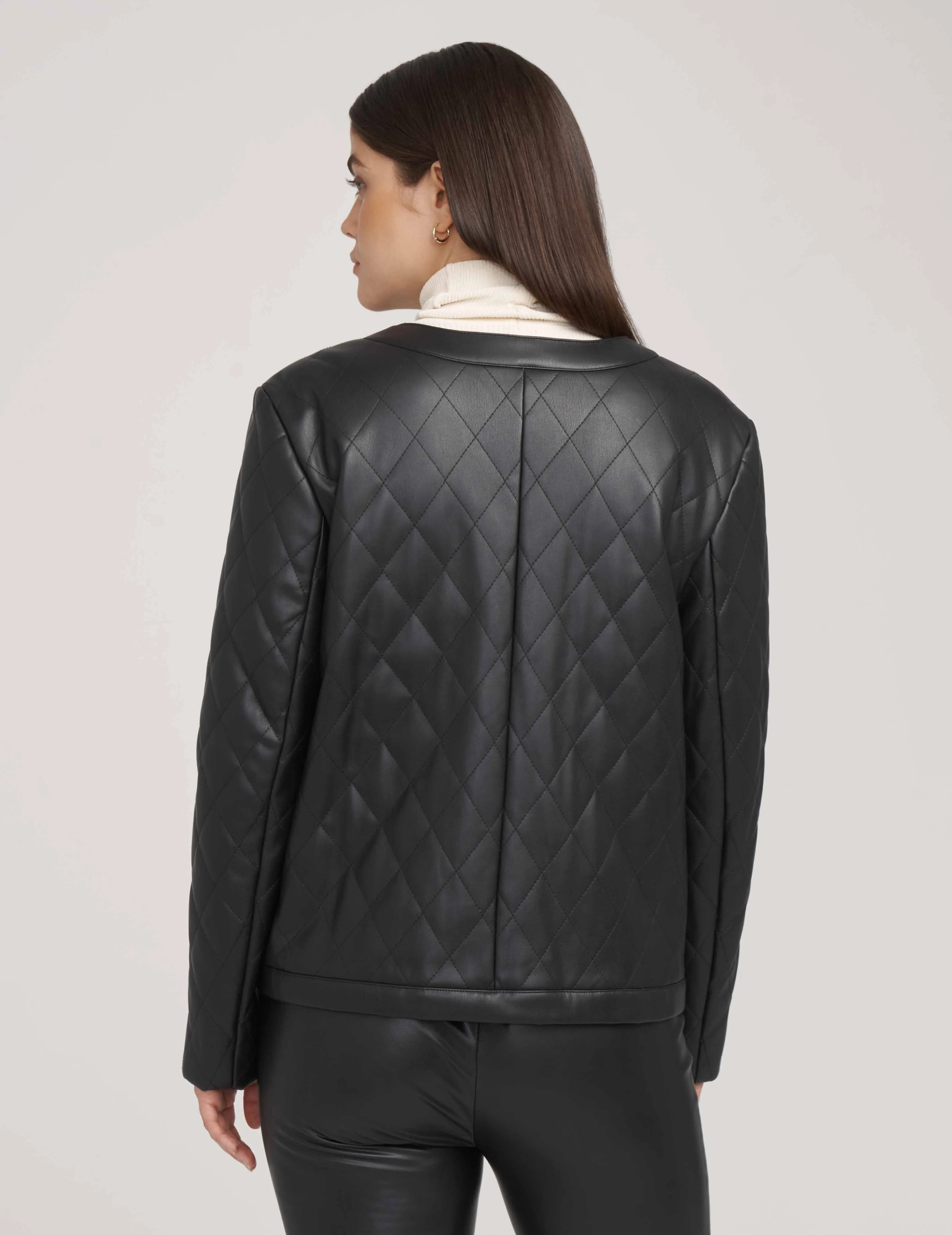Petite Collarless Vegan Leather Quilted Jacket- Sale