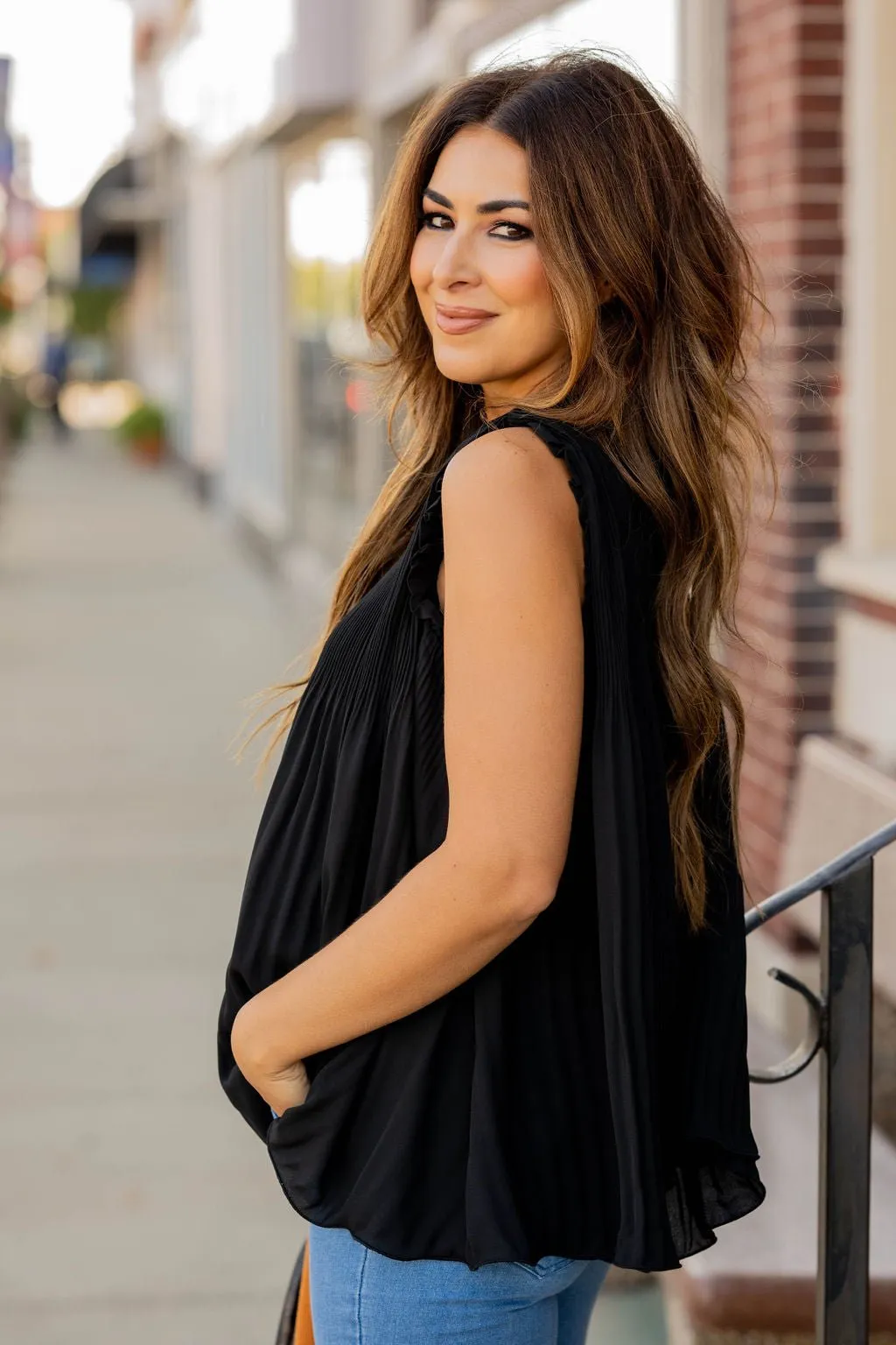 Pleated Cinched Neck Tank