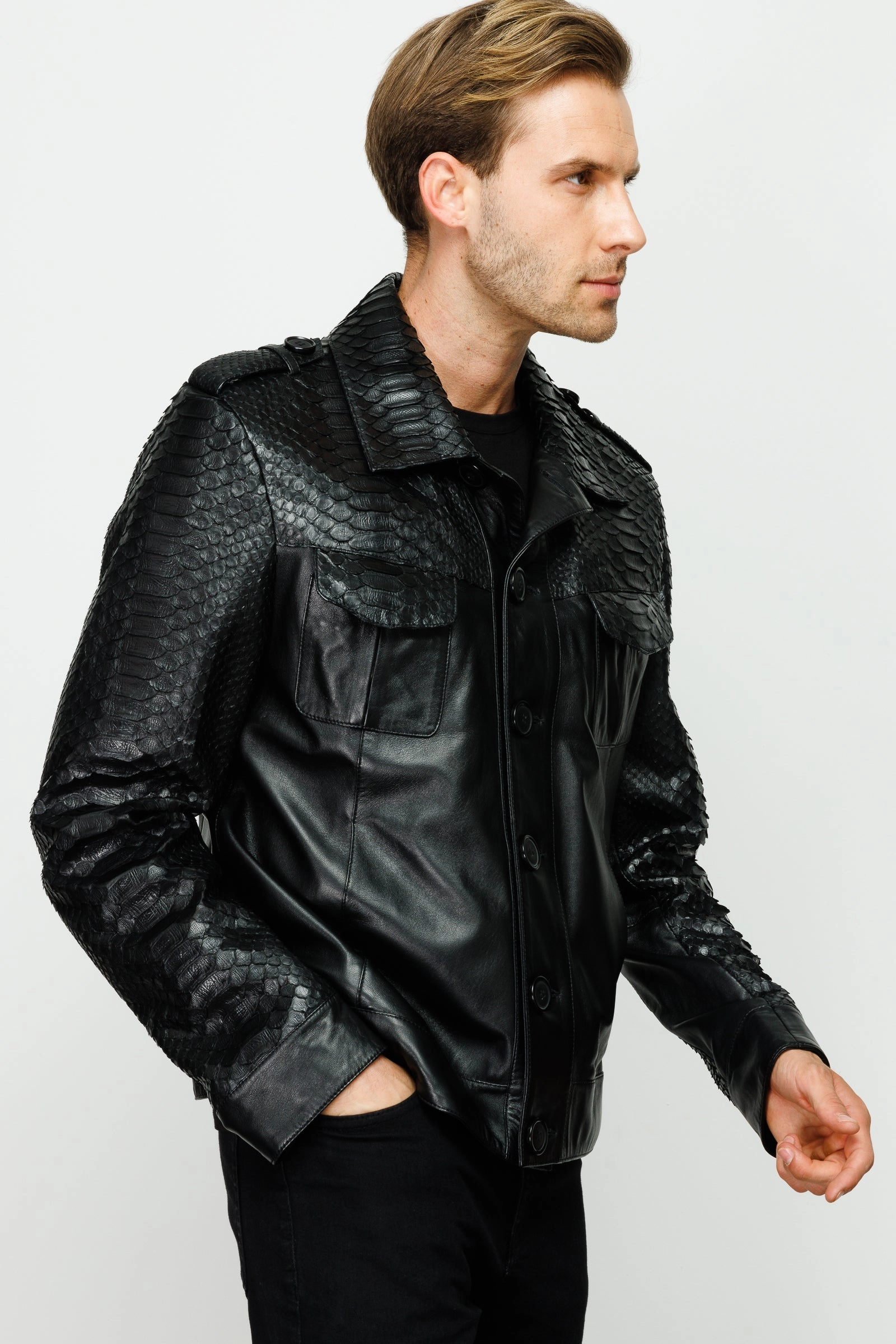 The Manteca Pythn Skin Leather Black Men  Jacket