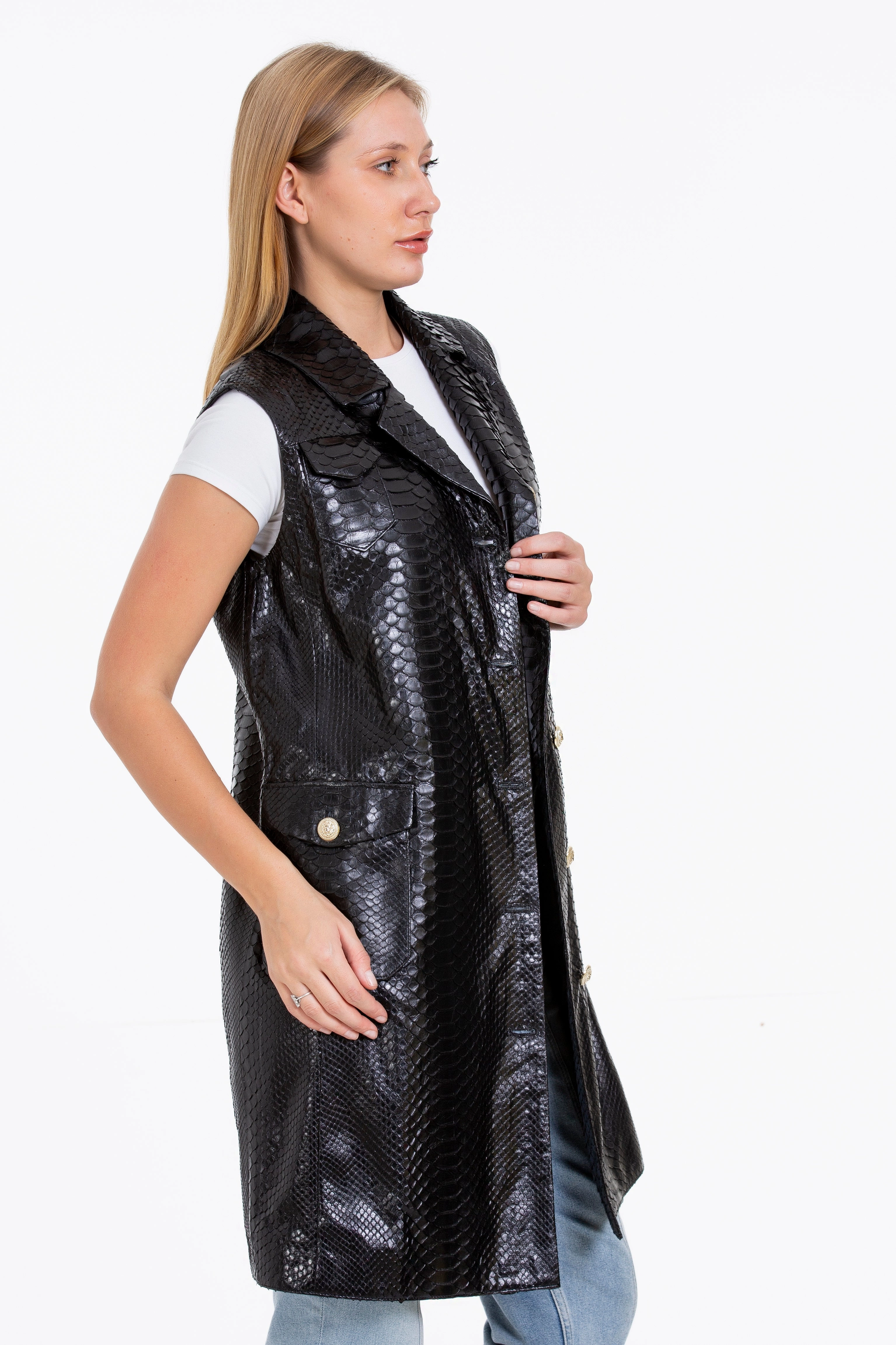 The Medellin Pythn Skin Leather Black Zip-Up Vest Women Jacket
