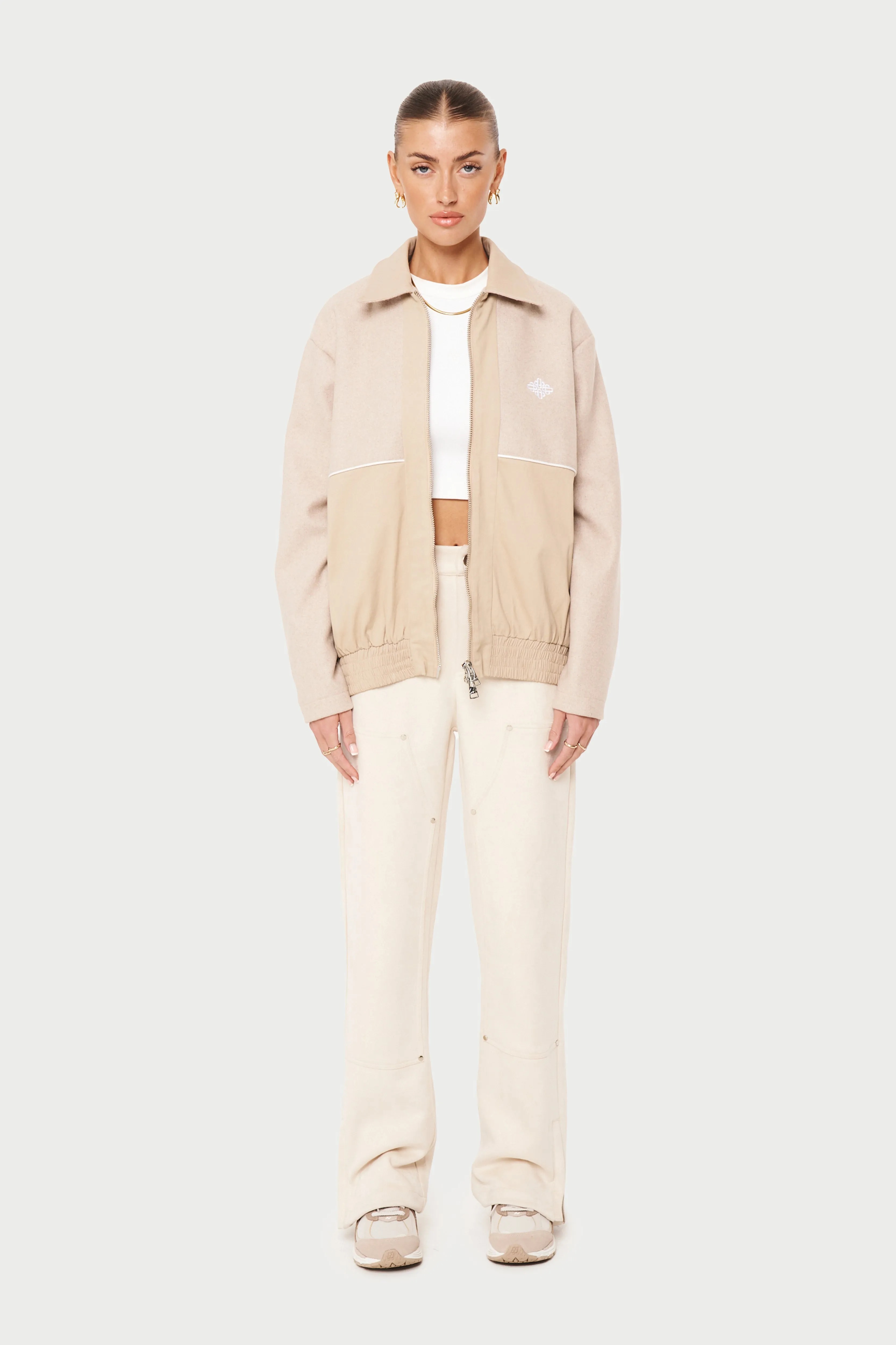 TWEED PANELLED BOMBER JACKET - BEIGE