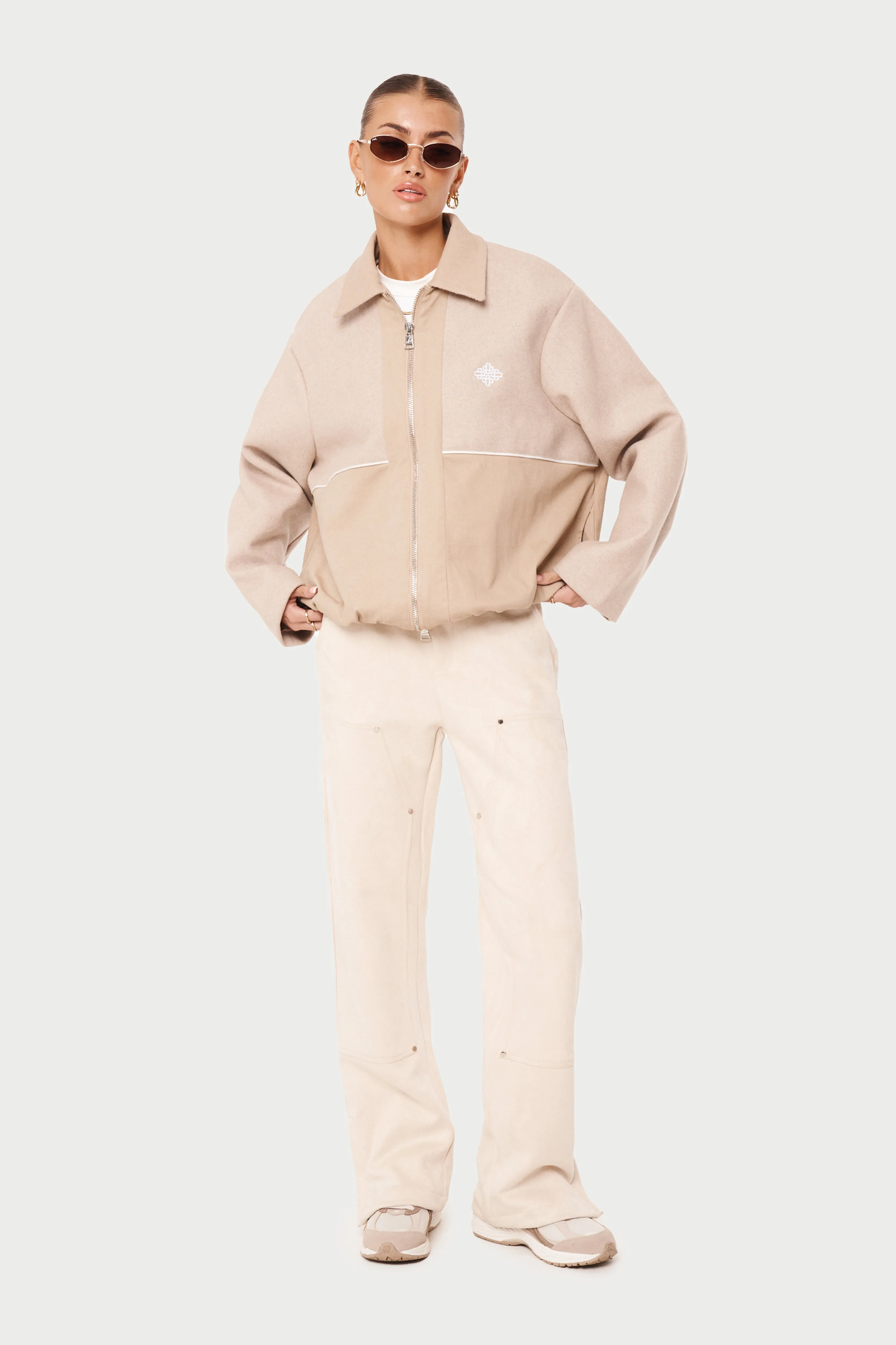 TWEED PANELLED BOMBER JACKET - BEIGE