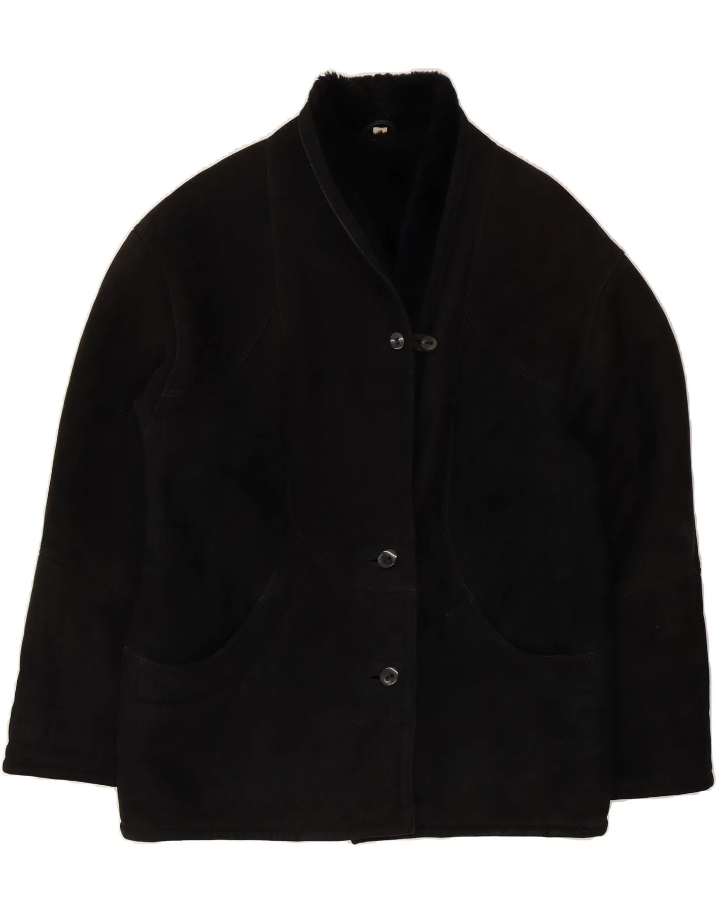 VINTAGE Womens Oversized Shearling Jacket IT 48 XL Black Leather
